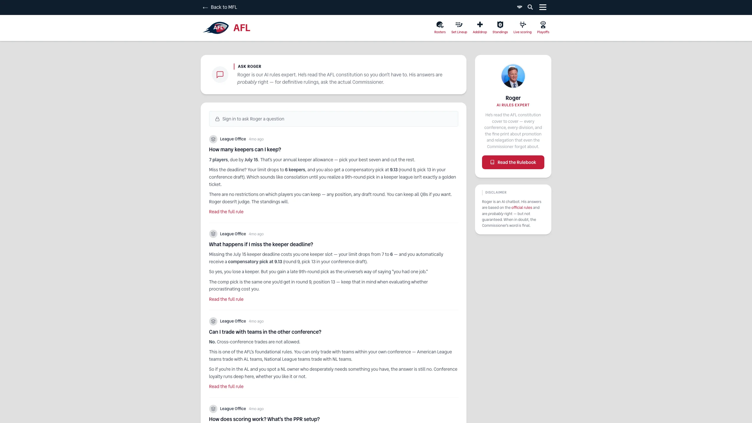 Ask Roger AFL page showing the chat interface on the left with seeded Q&A cards about AFL rules, and Roger's personality card on the right with the red AFL theme accent
