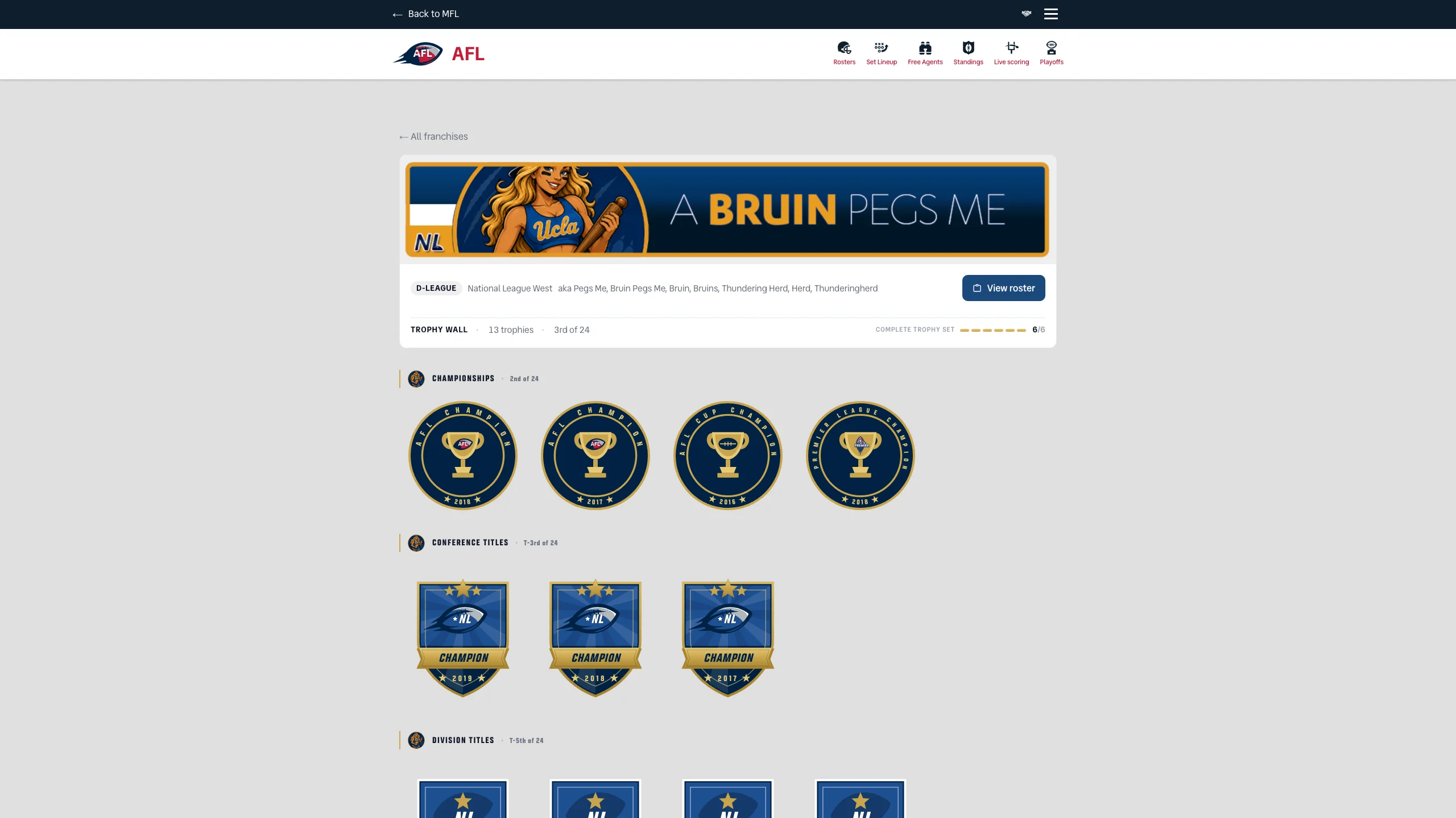 The A Bruin Pegs Me franchise page showing the new UCLA-themed banner above the trophy wall and championship badges.