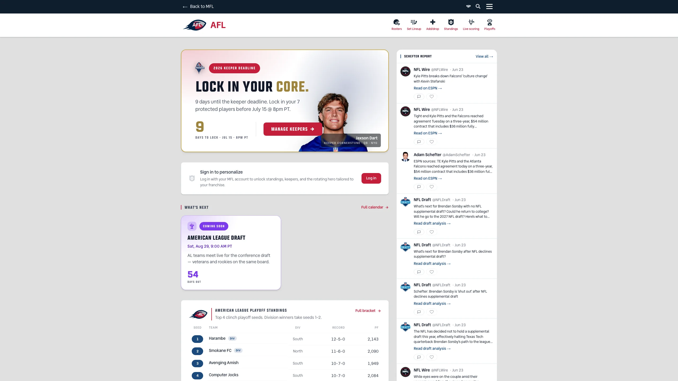 AFL homepage keeper-deadline hero with a gold border: 'Lock In Your Core' headline and countdown beside a cutout of Jaxson Dart over a Giants-blue glow, with a frosted caption reading Keeper Cornerstone, QB, NYG.