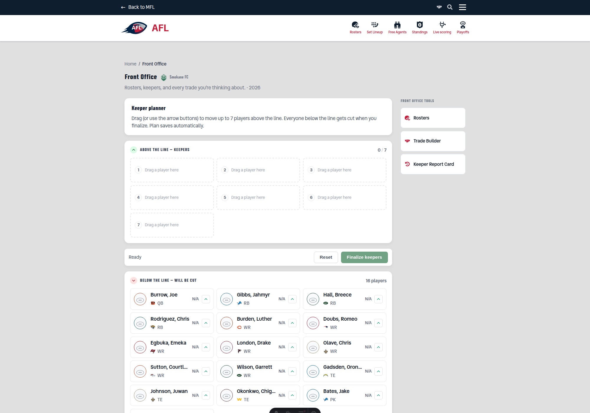 The AFL's Front Office page showing the Keeper Planner's above-the-line keeper slots and the below-the-line cut list, with the Front Office Tools sidebar
