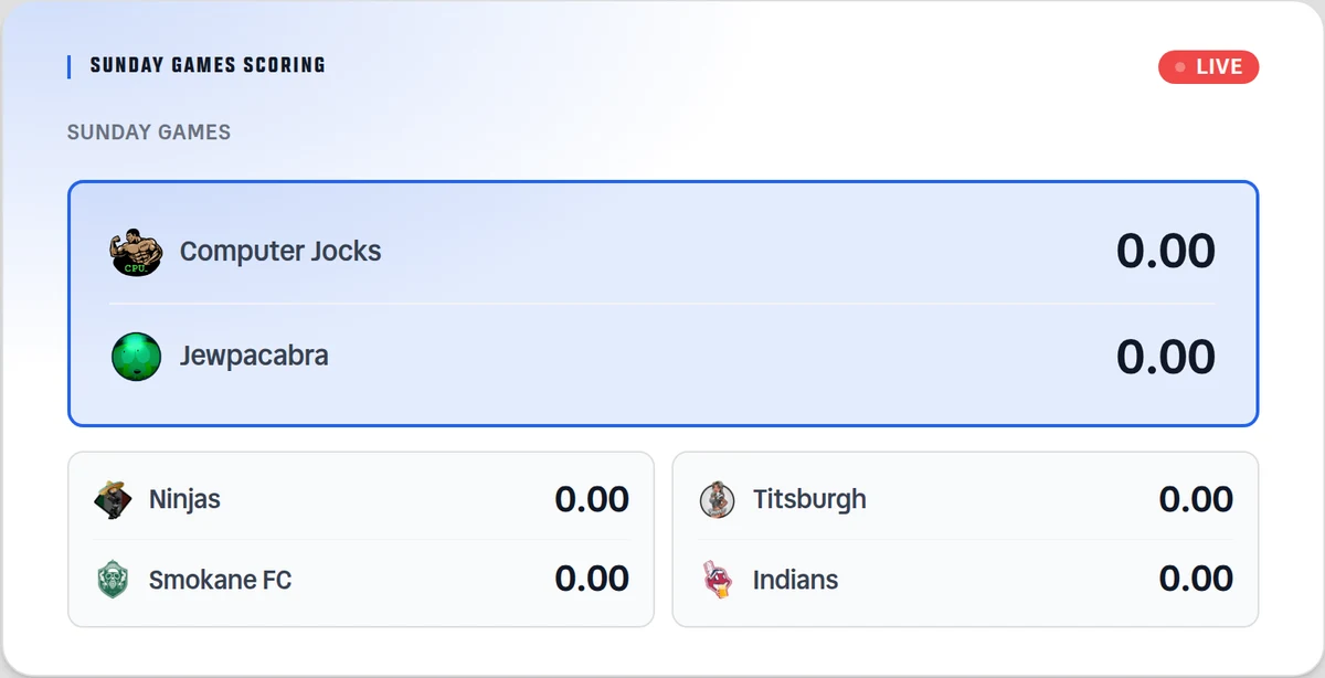 The AFL homepage during the Sunday afternoon games: a white card headed SUNDAY GAMES SCORING with a red LIVE badge in the corner. A large featured matchup shows Computer Jocks and Jewpacabra with their team crests and scores, and two smaller cards underneath carry Ninjas vs Smokane FC and Titsburgh vs Indians.