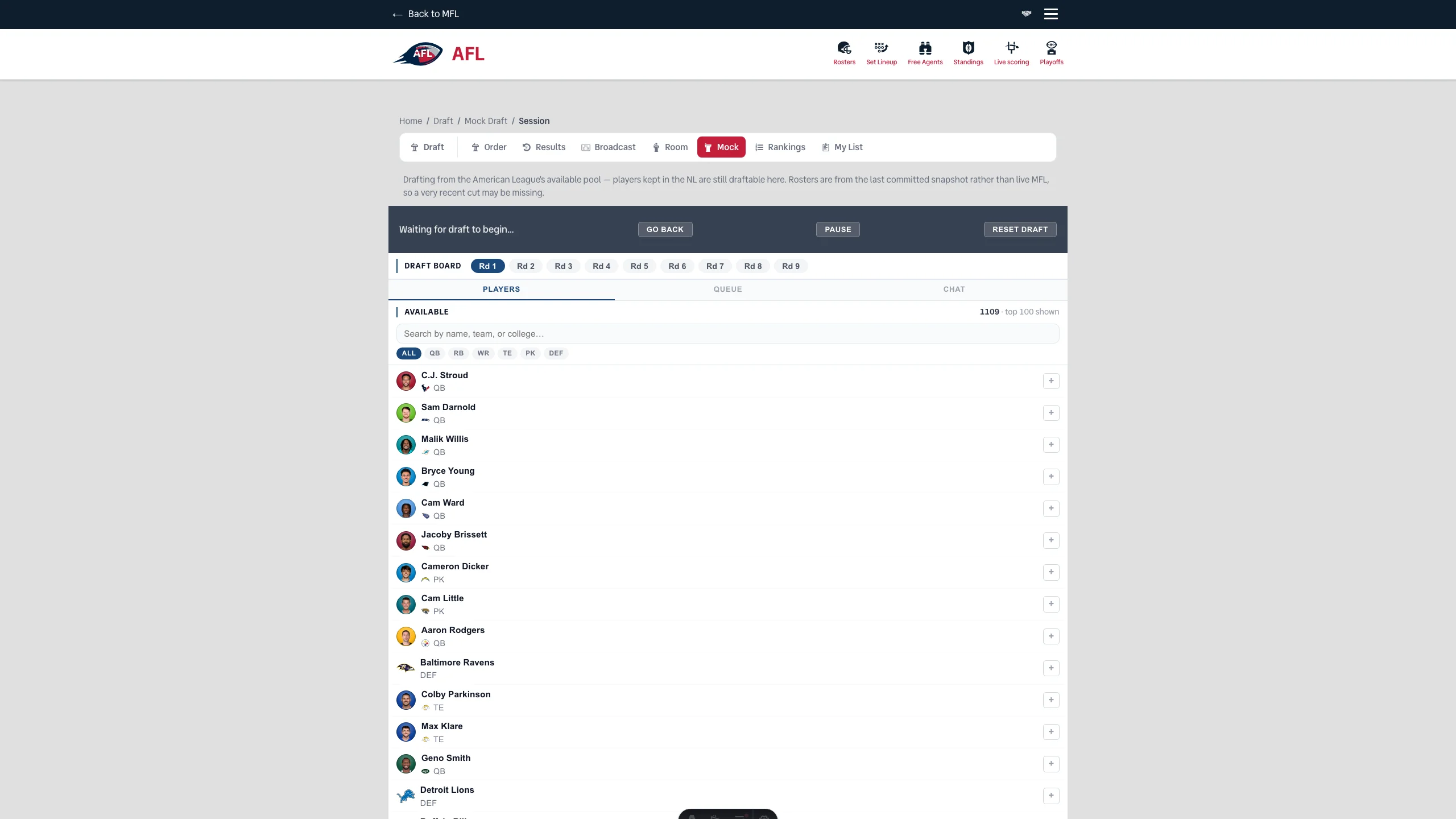 The AFL Mock Draft room, opened on the American League. Breadcrumbs read Home / Draft / Mock Draft / Session, above a row of draft tabs — Draft, Order, Results, Broadcast, Room, Mock, Rankings, My List — with Mock highlighted in red. A note beneath reads that the board is drafting from the American League's available pool and that players kept in the NL are still draftable here. A dark banner says “Waiting for draft to begin…” with Go Back, Pause and Reset Draft buttons. Under it the draft board offers nine round tabs, Rd 1 through Rd 9, with Rd 1 selected, and tabs for Players, Queue and Chat. The Players pane is headed AVAILABLE with a count of 1109, a search box, position filters, and a list of available players led by C.J. Stroud, Sam Darnold and Malik Willis.