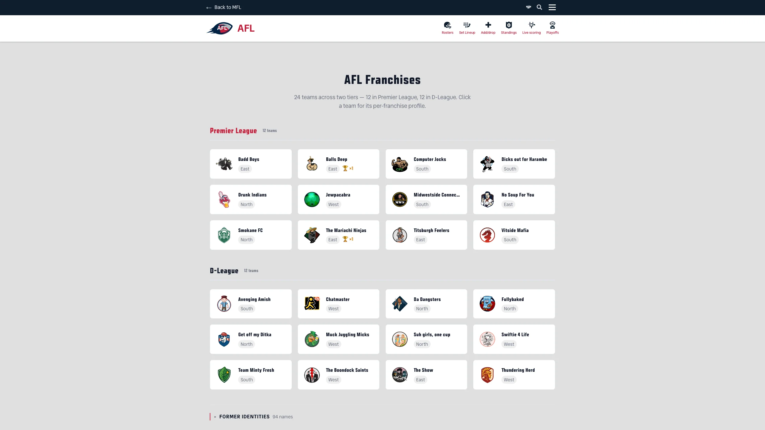 AFL franchise page Team Name History section showing Avenging Amish's timeline with two highlighted Last-Place Rebrand badges on Broke Back 'lil Half Dead's Brother and Vit's Brother, plus a Previous Owners section below