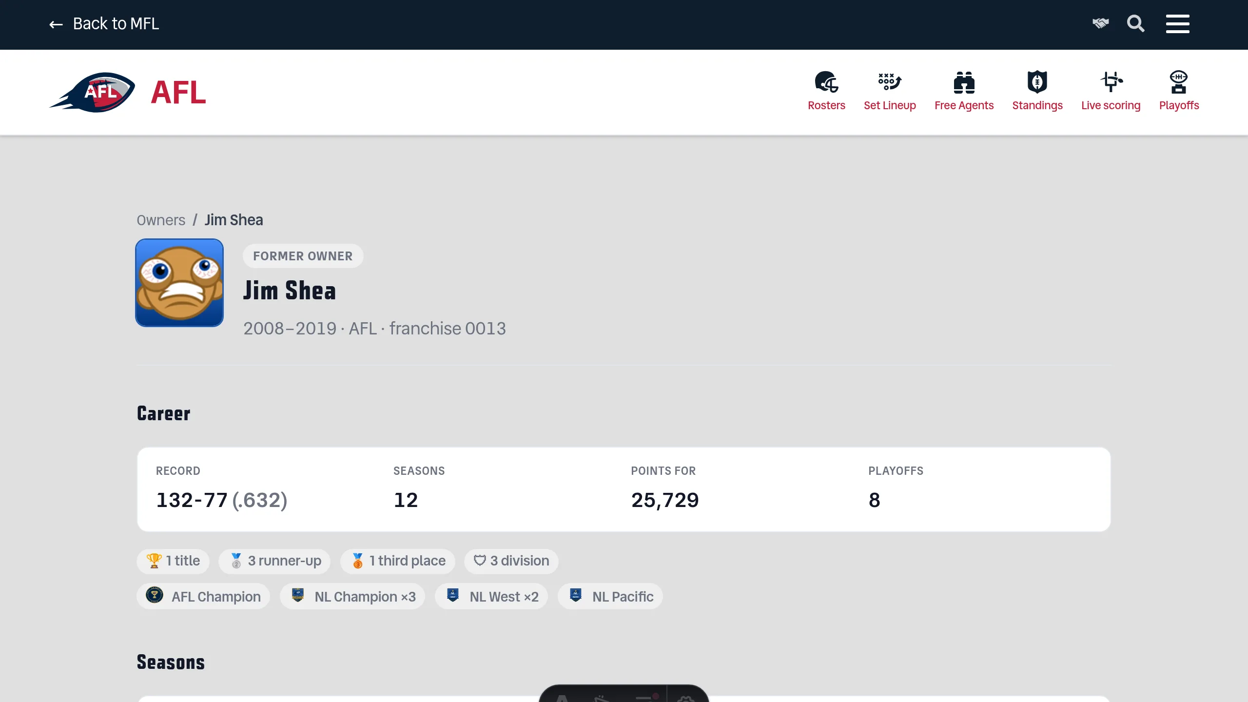 Jim Shea's AFL owner page showing the career record alongside a row of award badge chips: AFL Champion, NL Champion ×3, NL West ×2 and NL Pacific