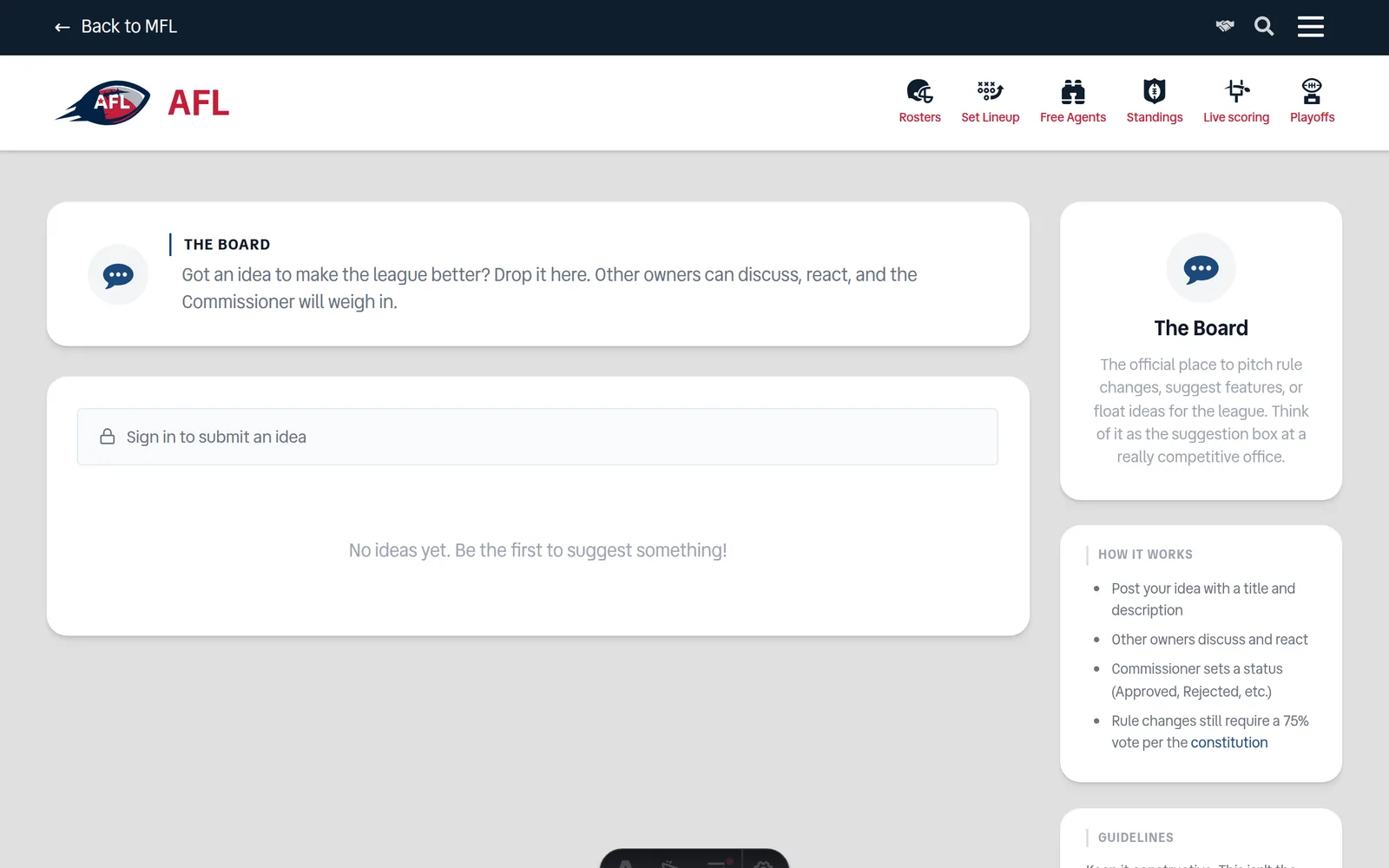 The Board on the AFL site — an empty idea feed reading “No ideas yet. Be the first to suggest something!” beside a sidebar explaining how it works.
