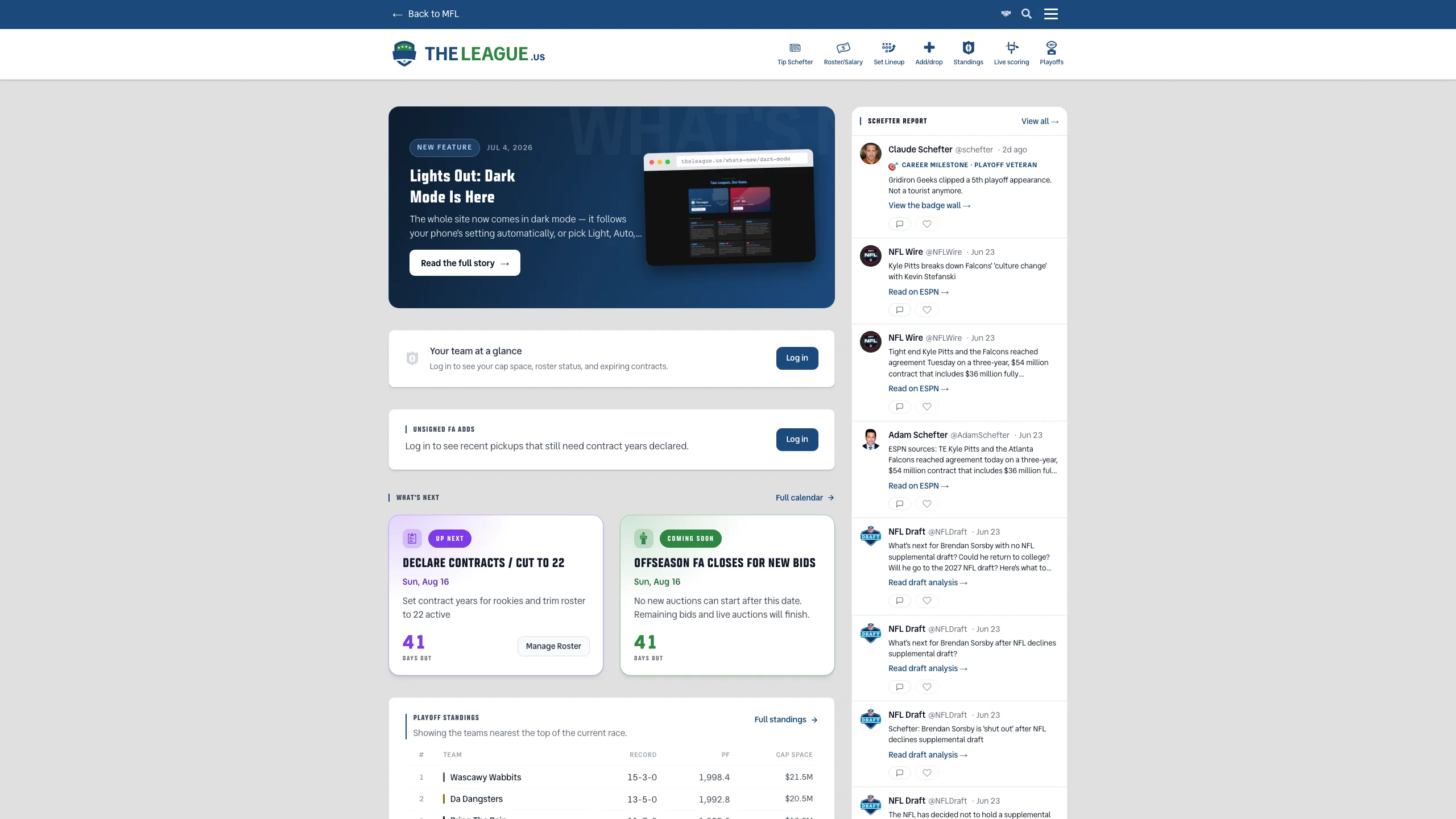 Homepage showing the Auction Command Center with Place Auction Bid button, quick rules, and eight quick links for auction tools