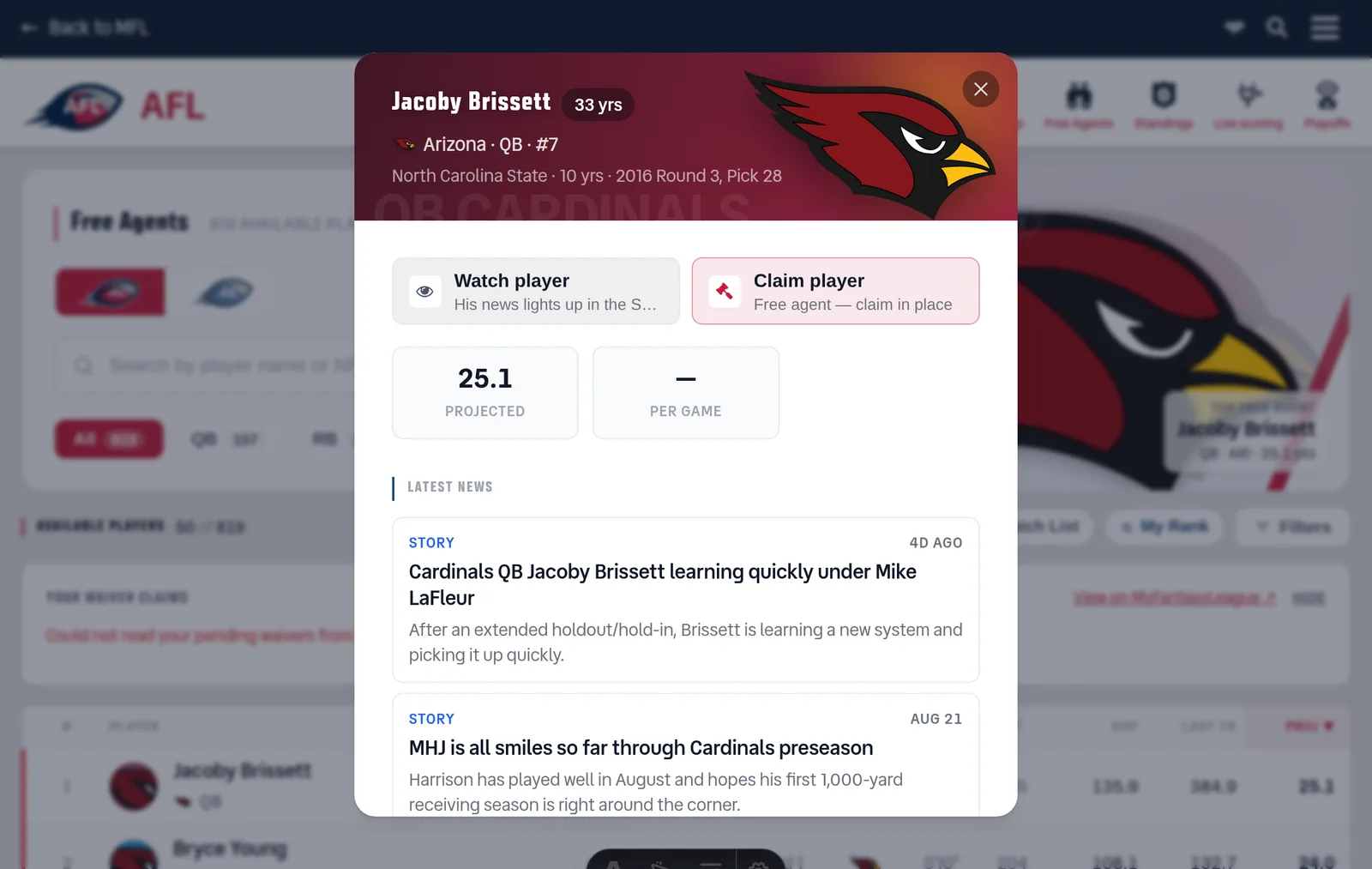 The AFL player card open on free agent Jacoby Brissett, with Watch player and Claim player side by side above his projected points