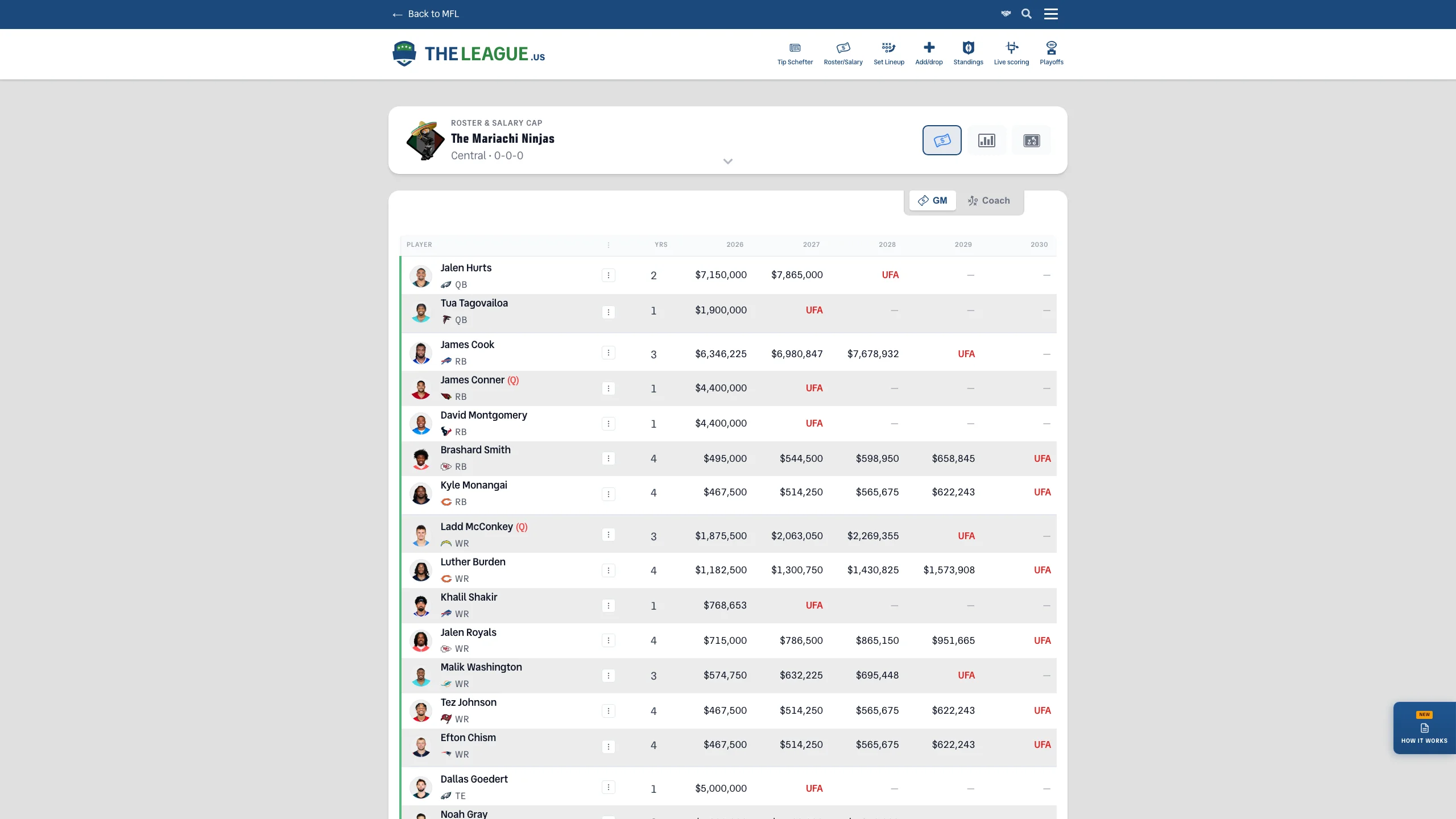 Contract declaration modal for DeAndre Hopkins showing salary, deadline countdown, and year selection options over the roster page