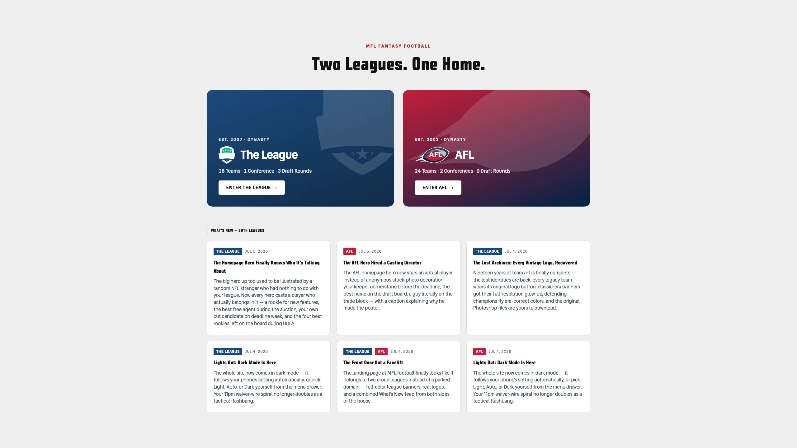 The AFL homepage rendered in dark mode: navy cards with red accents, the keeper-deadline hero, and the Schefter Report feed on dark surfaces.