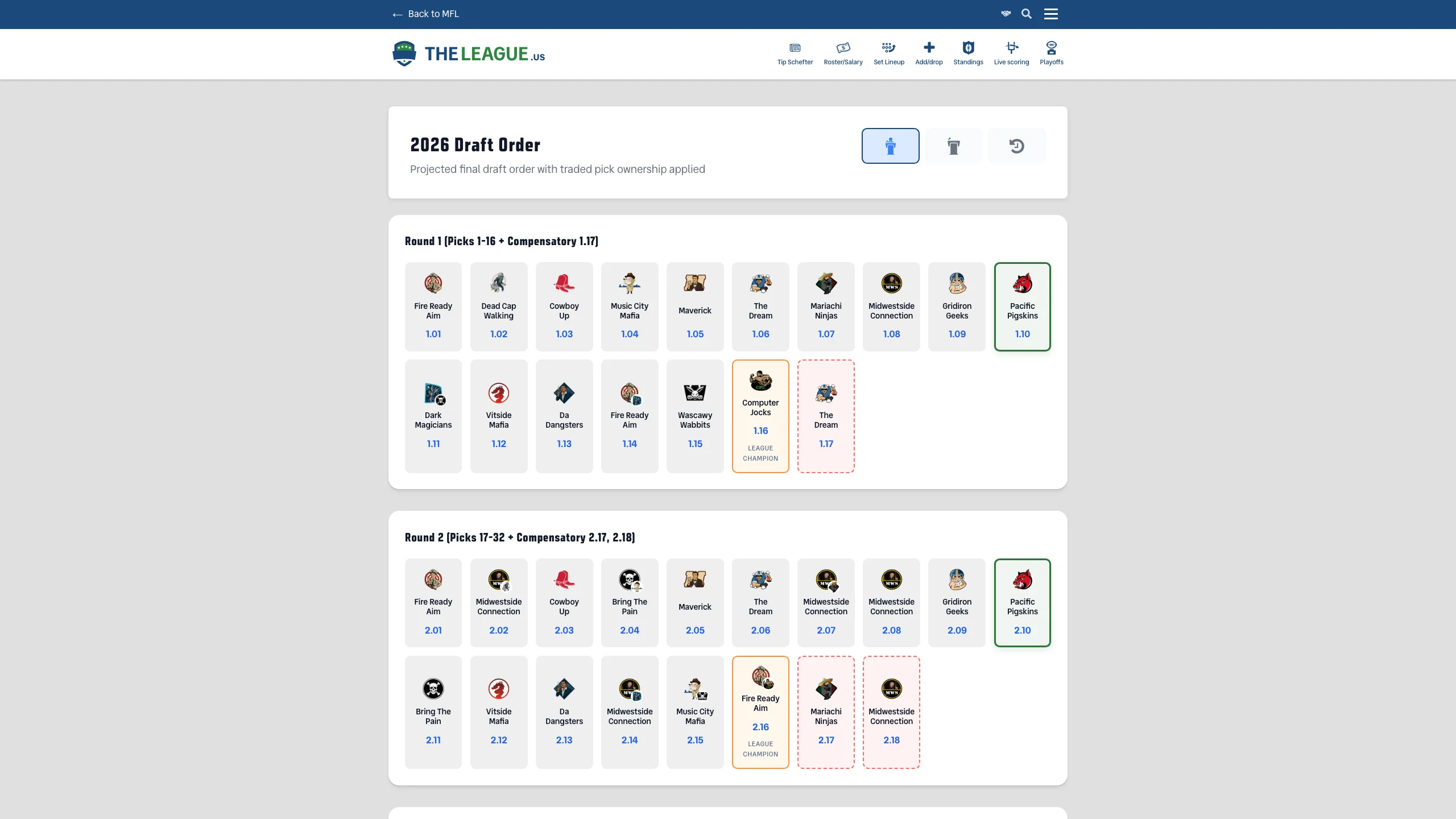 Draft Order Predictor showing projected pick order based on current standings