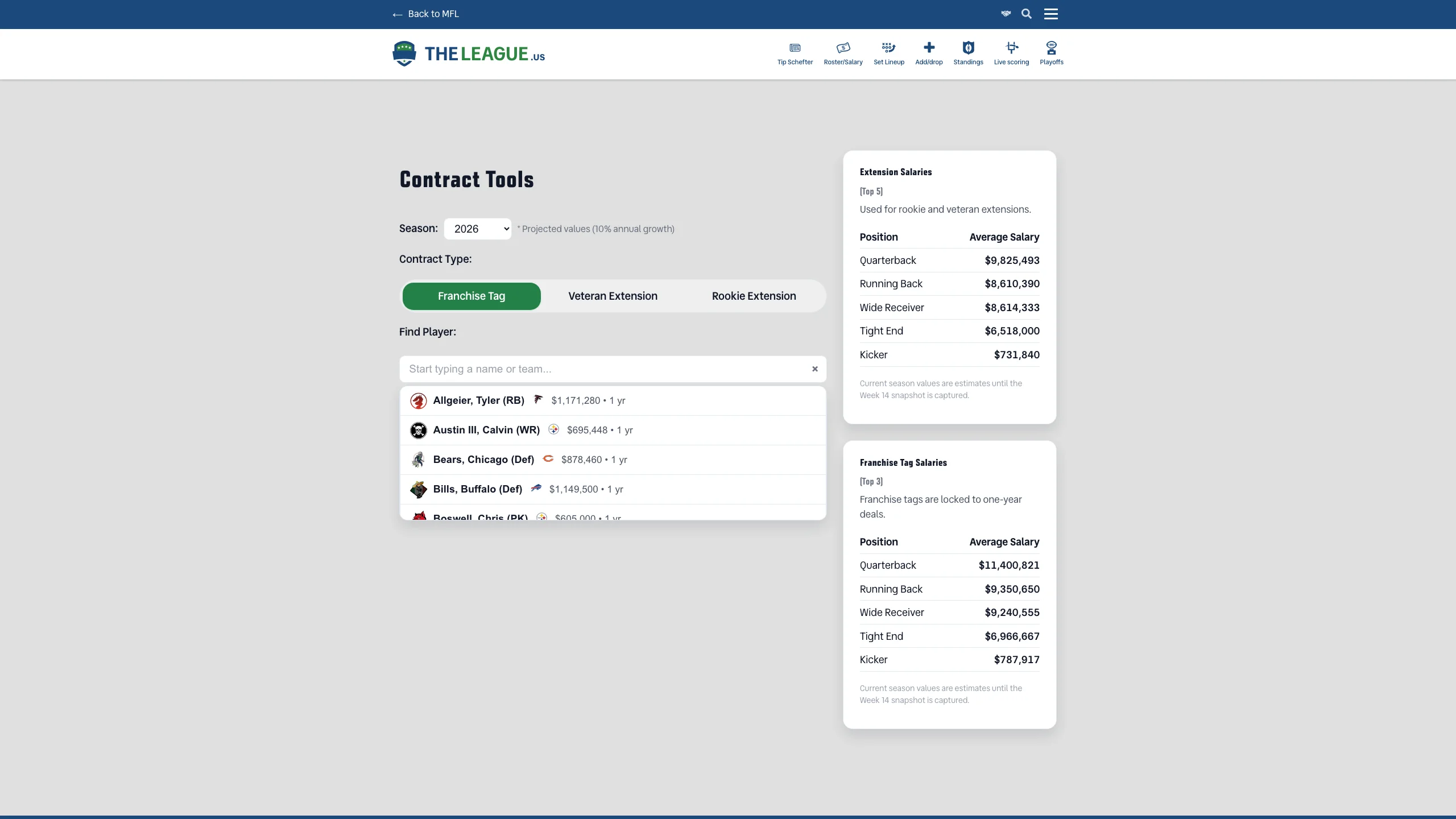 Extension Calculator showing projected contract costs with 10% annual escalation