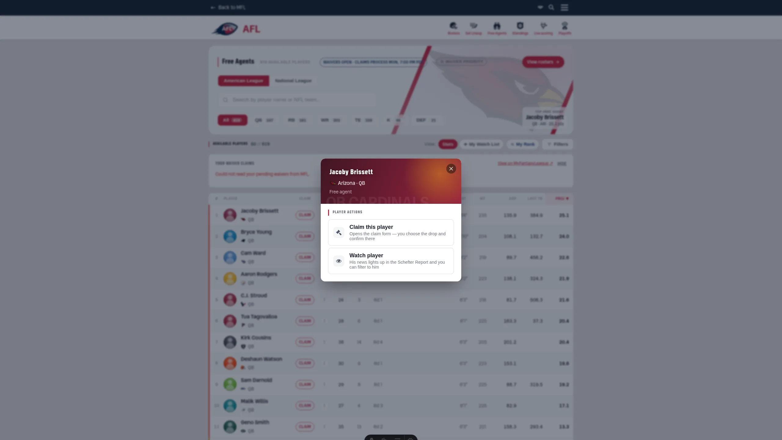 The AFL free agents page with the ⋮ action sheet open on a free agent, showing Claim this player above Watch player