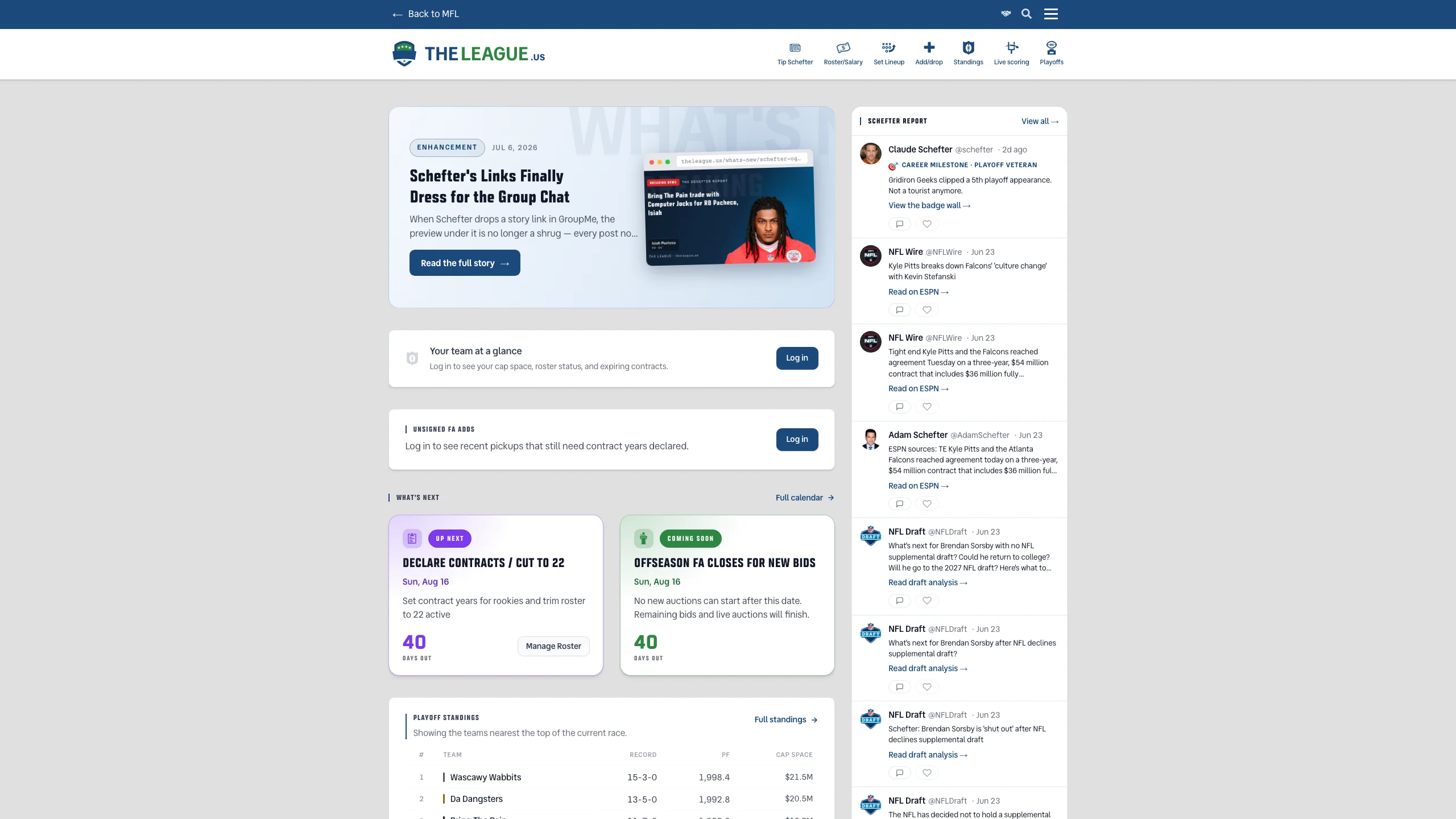 TheLeague homepage hero showing a feature announcement with its own screenshot in a browser-style frame beside the headline and call-to-action.