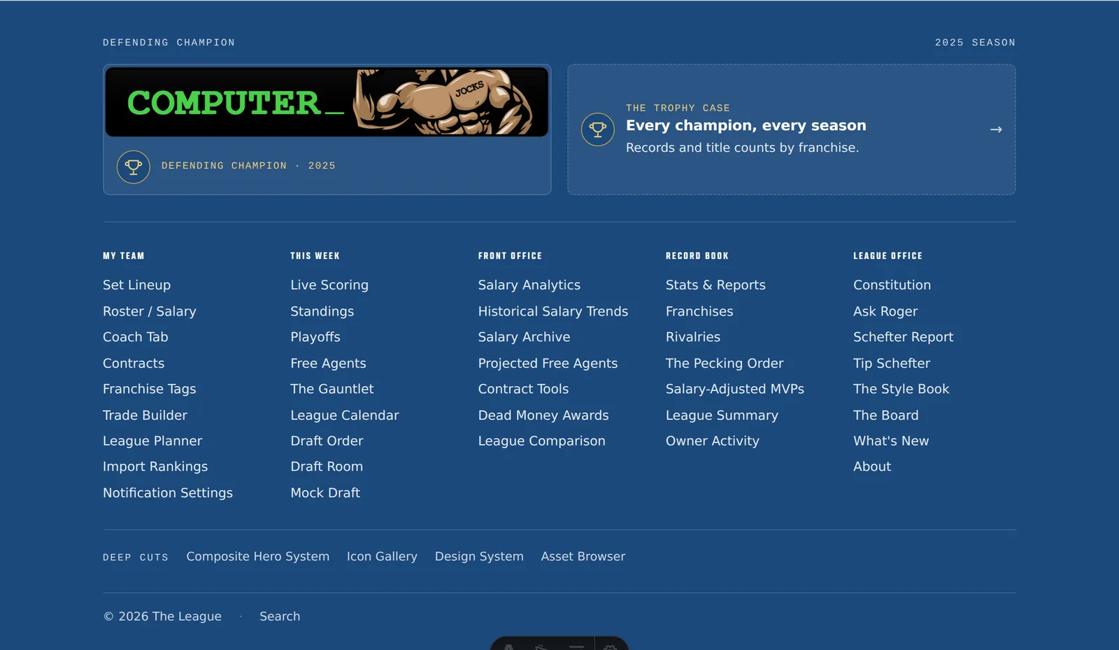 Redesigned site footer showing the defending champion banner card, a Trophy Case panel, and five columns of site links