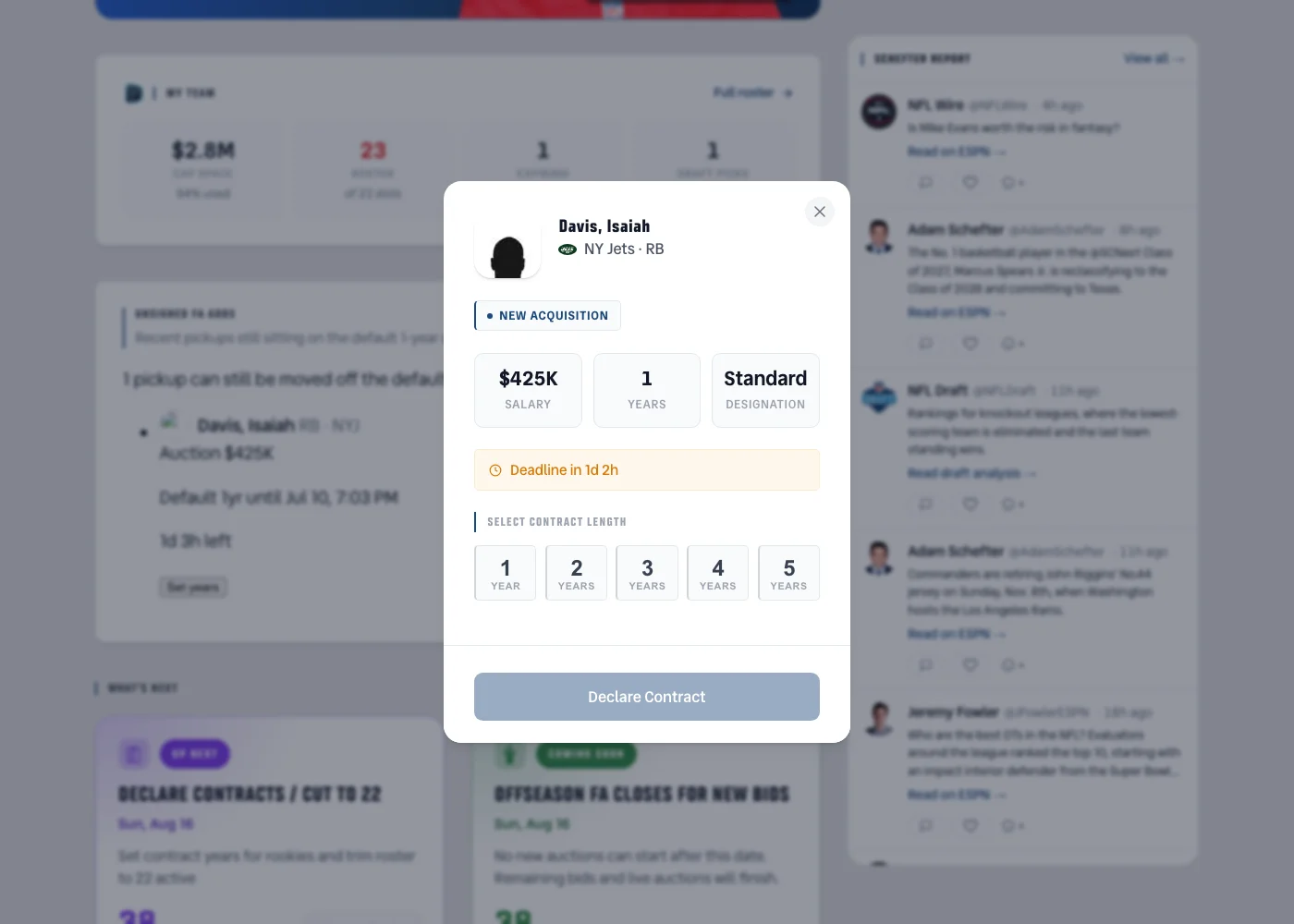 The homepage Unsigned FA Adds card showing a player pickup with a 'Set years' button, and a contract declaration modal open with year-length options and a Declare Contract button.