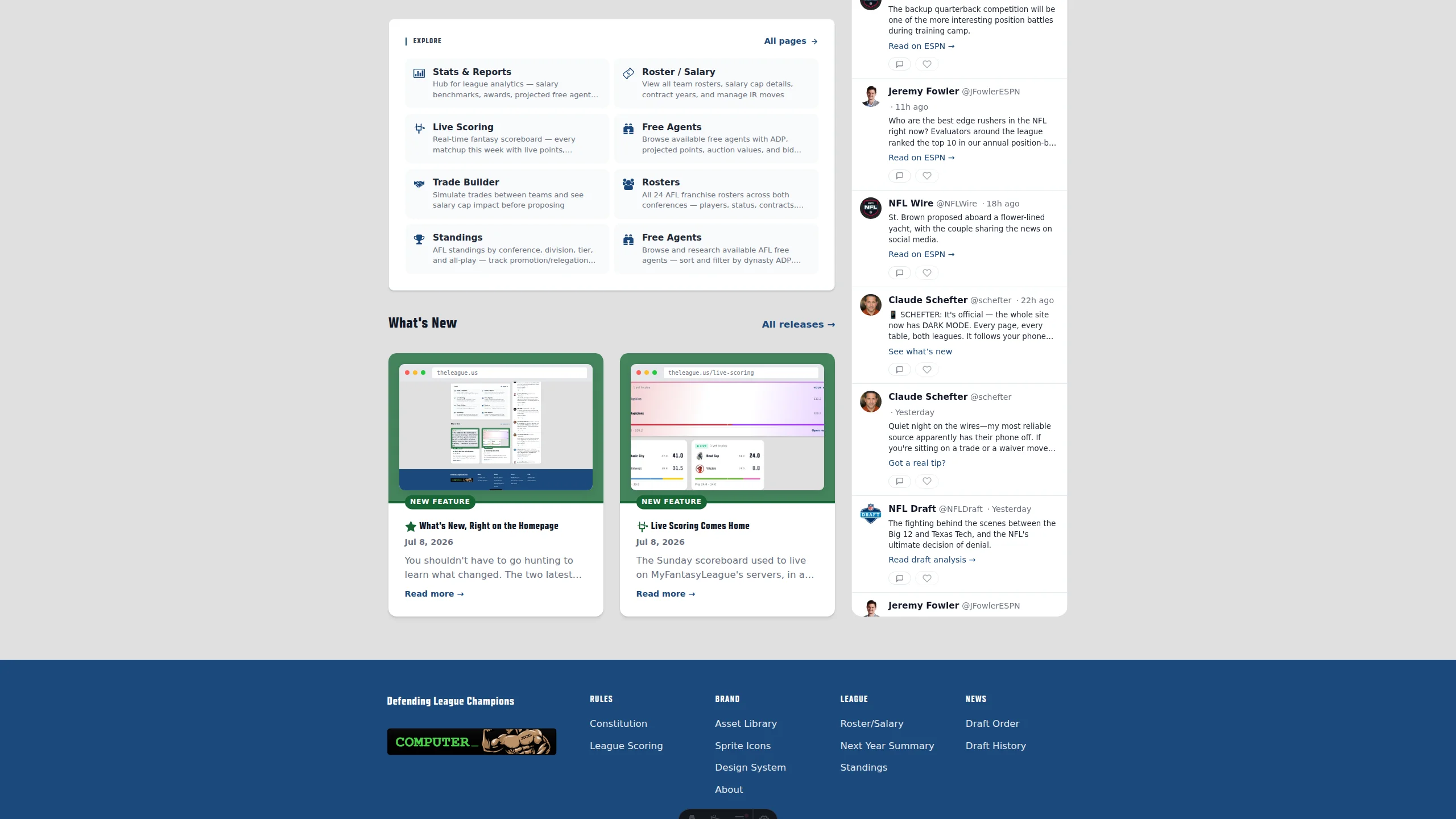 The bottom of the homepage's left column showing a 'What's New' panel with two update cards side by side — each with a category badge, headline, date, and short summary — above an 'All releases' link.