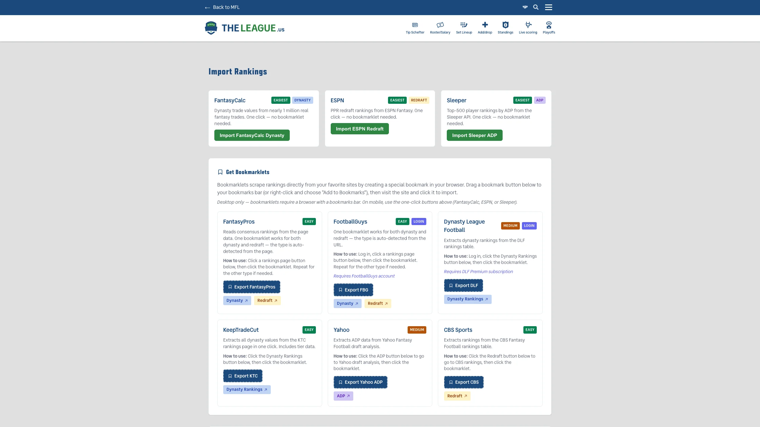 Import Rankings page with bookmarklet instructions and draggable ranking source list