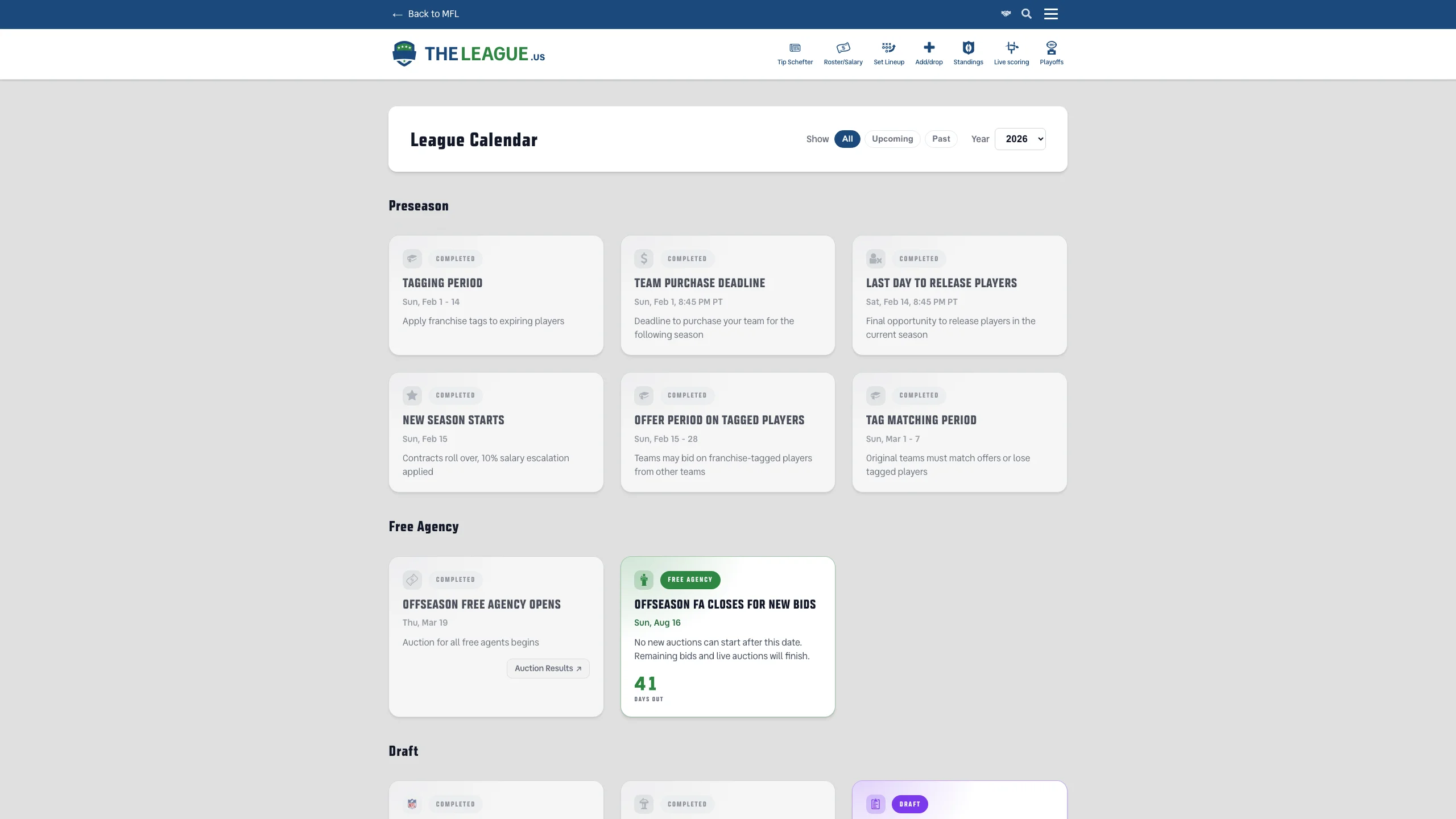 League Calendar page with color-coded events and countdown timers