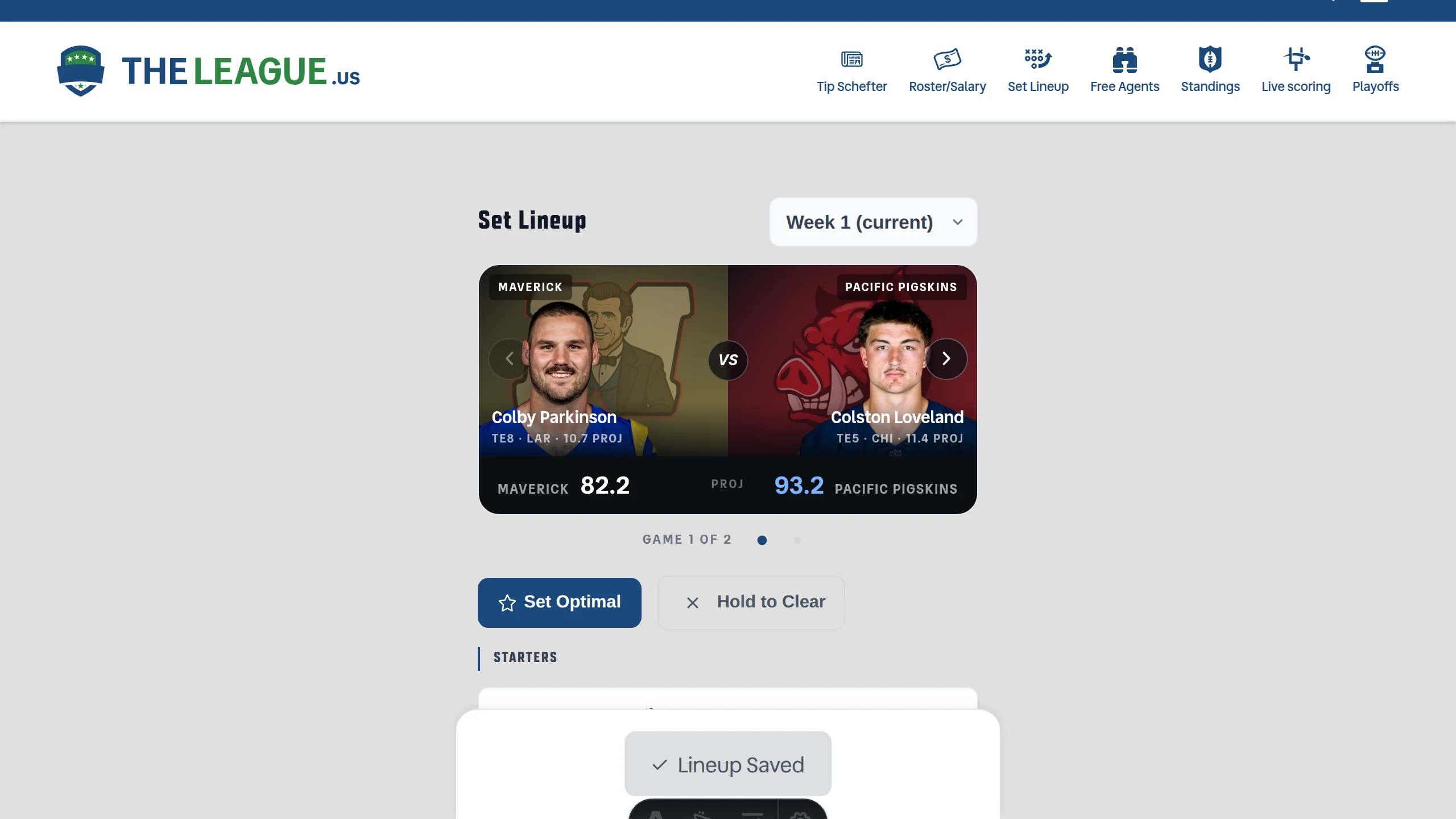 The Set Lineup page for Week 1 showing a matchup card between Maverick and Pacific Pigskins with a player from each side, projected totals of 82.2 and 93.2, click arrows on the left and right of the panel, and a “Game 1 of 2” label with two dots below it.