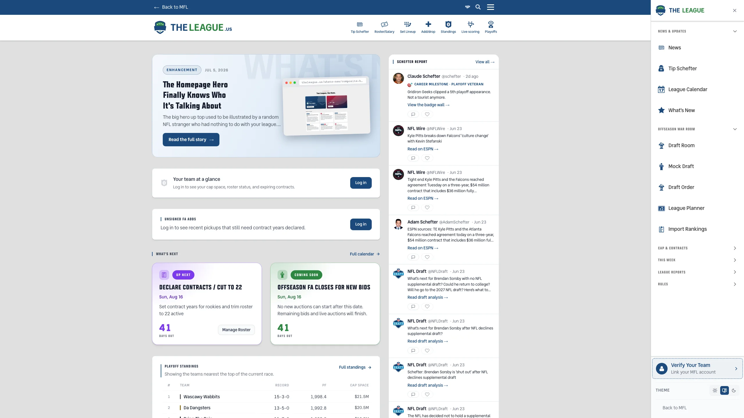 Redesigned navigation drawer with grouped sections, league switching, and team info