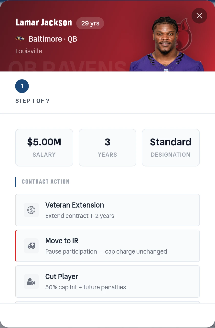 The contract action modal for Lamar Jackson on the roster page. The header band is a deep-ink-to-red gradient in the Pacific Pigskins' colors with the Pigskins crest watermarked behind his cutout headshot, his name and age pill in white, the Ravens helmet logo beside “Baltimore · QB”, and “Louisville” below. Under the band sit a Step 1 of ? indicator and three stat tiles reading $5.00M salary, 3 years and Standard designation, then a Contract Action list with Veteran Extension, Move to IR and Cut Player.