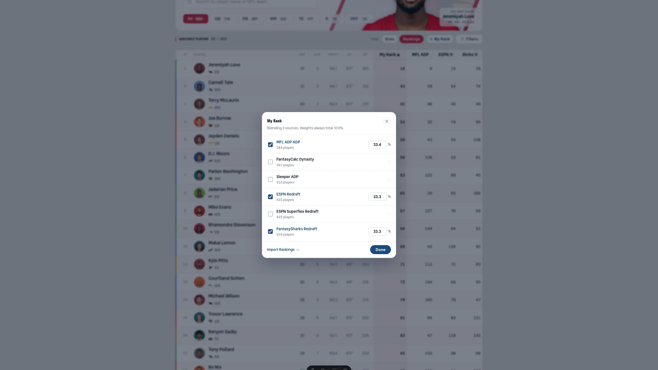 The AFL Free Agents table in Rankings view with the My Rank editor open over it — a modal listing six ranking sources, three of them ticked with editable percentage weights, above a table showing only My Rank and the three sources feeding it: MFL ADP, ESPN and FantasySharks.