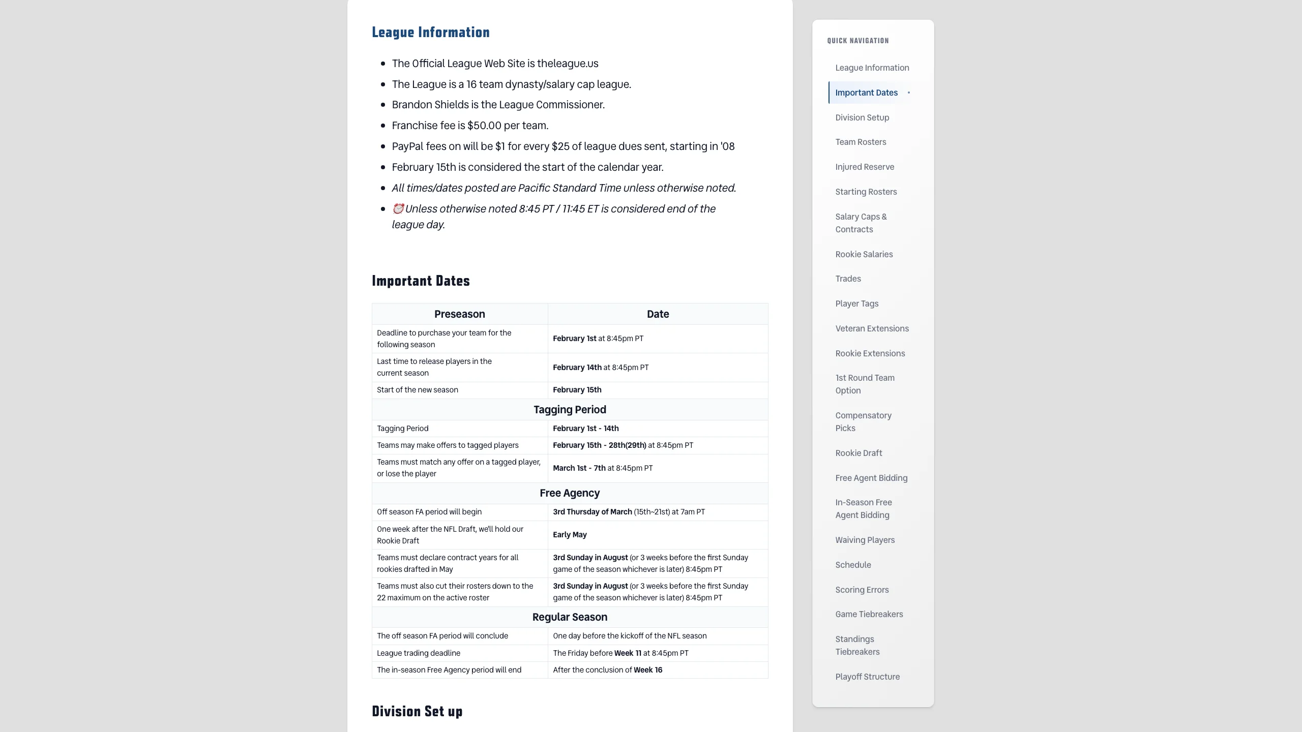 League Rules and Constitution page with searchable rule sections