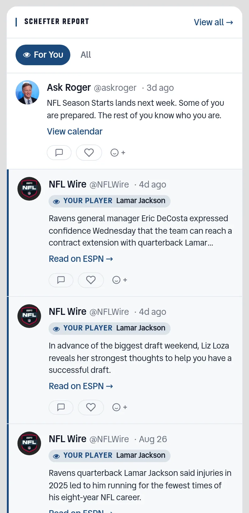 The Schefter Report rail on the homepage, with a highlighted 'For You' tab selected ahead of 'All'. Each post carries a blue 'YOUR PLAYER' chip naming the rostered player it's about — Colston Loveland on a trade rumor, Lamar Jackson on an NFL Wire item — and watched posts are marked with a blue left rule.
