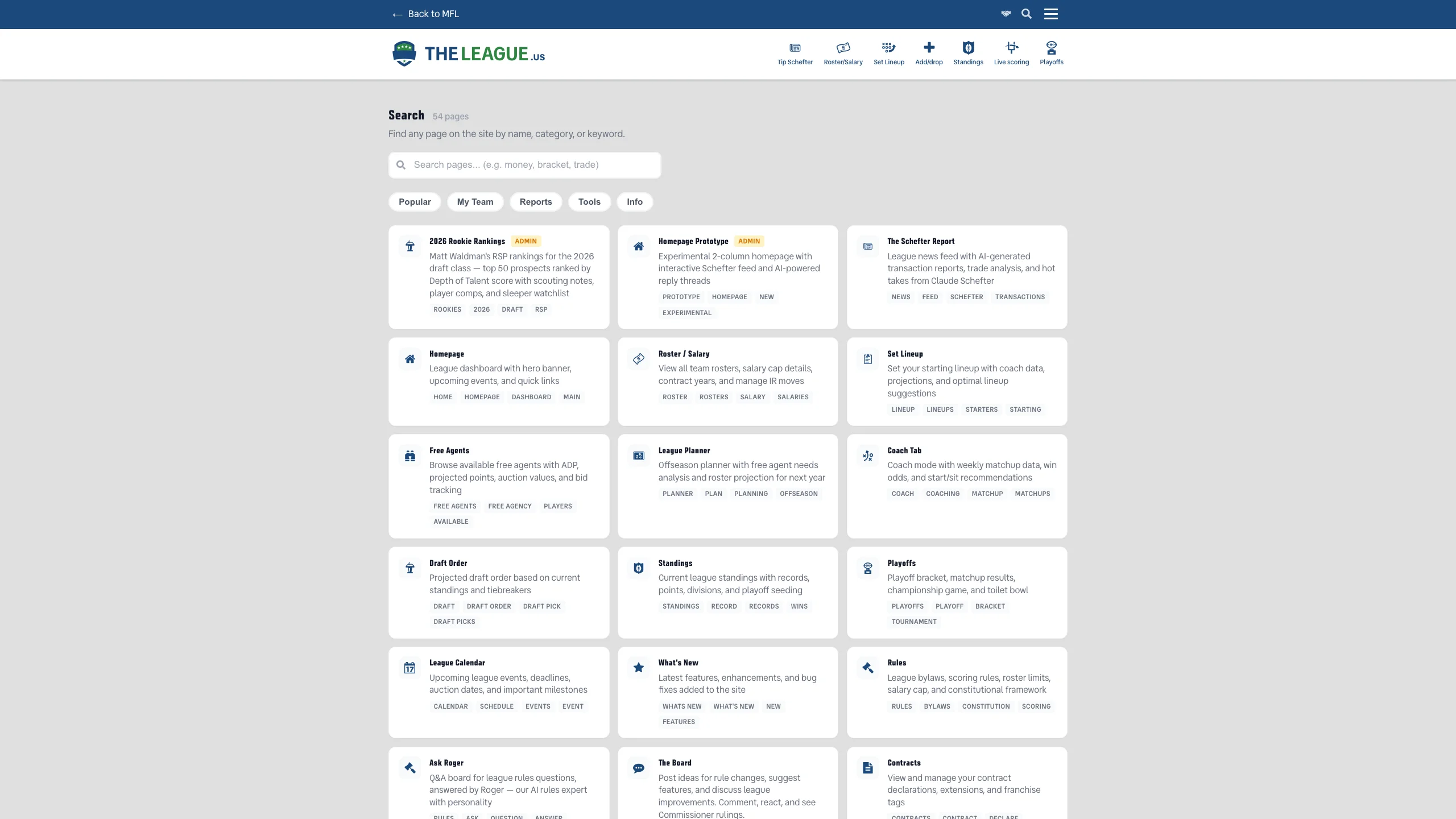 Search page showing a searchable grid of page cards with category filter chips and search input