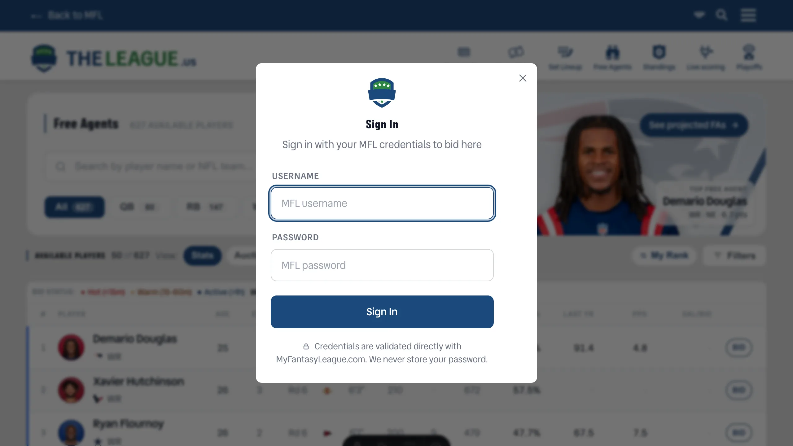 The sign-in modal open over TheLeague's Free Agents page in dark mode, asking for MFL username and password with the note that credentials are validated directly with MyFantasyLeague