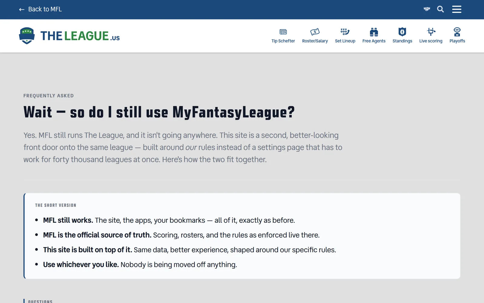 The new FAQ page, headlined “Wait — so do I still use MyFantasyLeague?”, with a short-version summary card underneath.