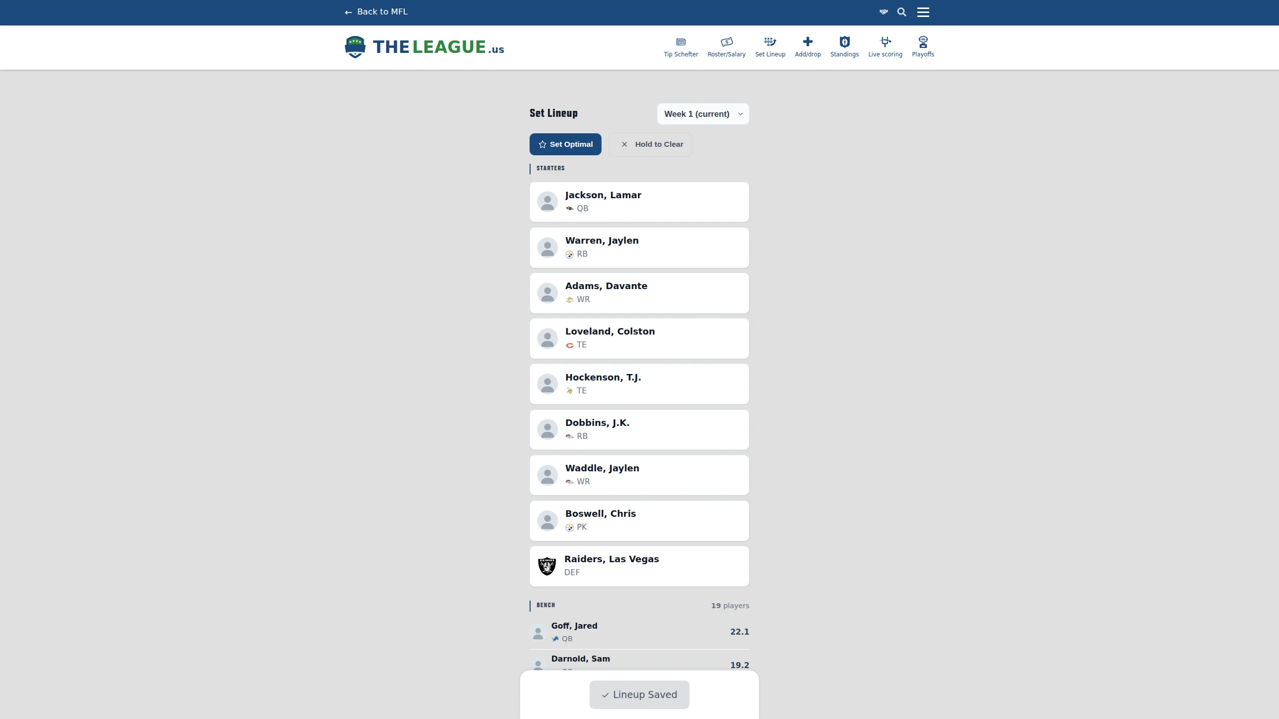 The Set Lineup page showing nine starter slots with player photos, projections, and opponent matchup data, with the player selection drawer open on the right