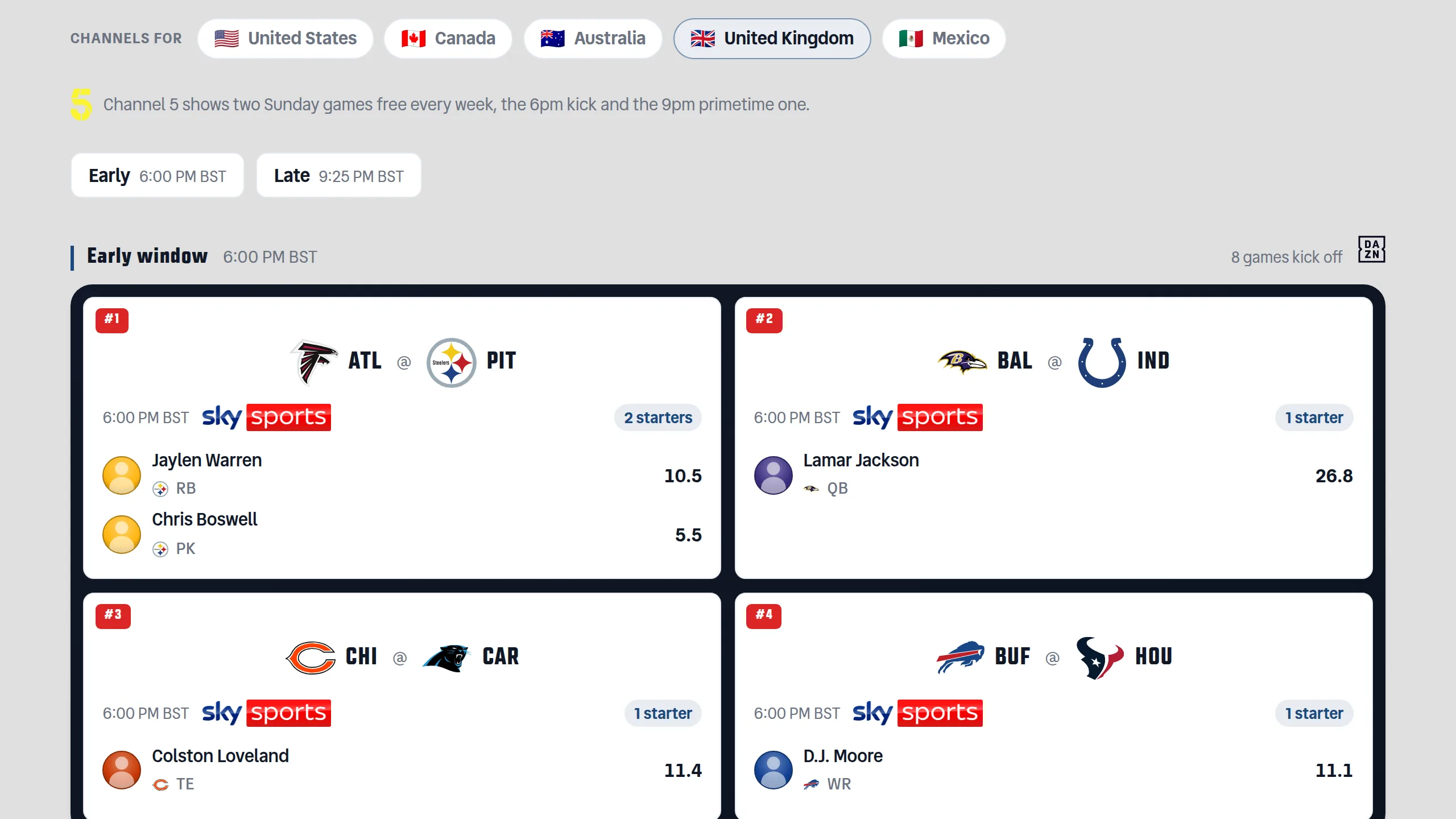 The Sunday Ticket board with five country chips — United States, Canada, Australia, United Kingdom, Mexico — with the United Kingdom selected, a Channel 5 line underneath, kickoffs reading 6:00 PM BST, and the Sky Sports mark on every game