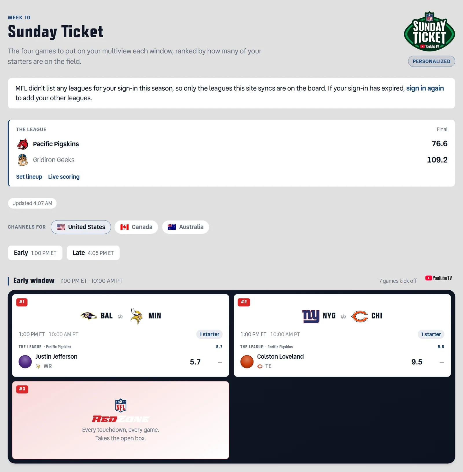 The Sunday Ticket board mid-season: a matchup card showing Pacific Pigskins 76.6 against Gridiron Geeks 109.2 with both team crests, an Updated pill beneath it, and the early-window game boxes below showing live fantasy points beside each player.