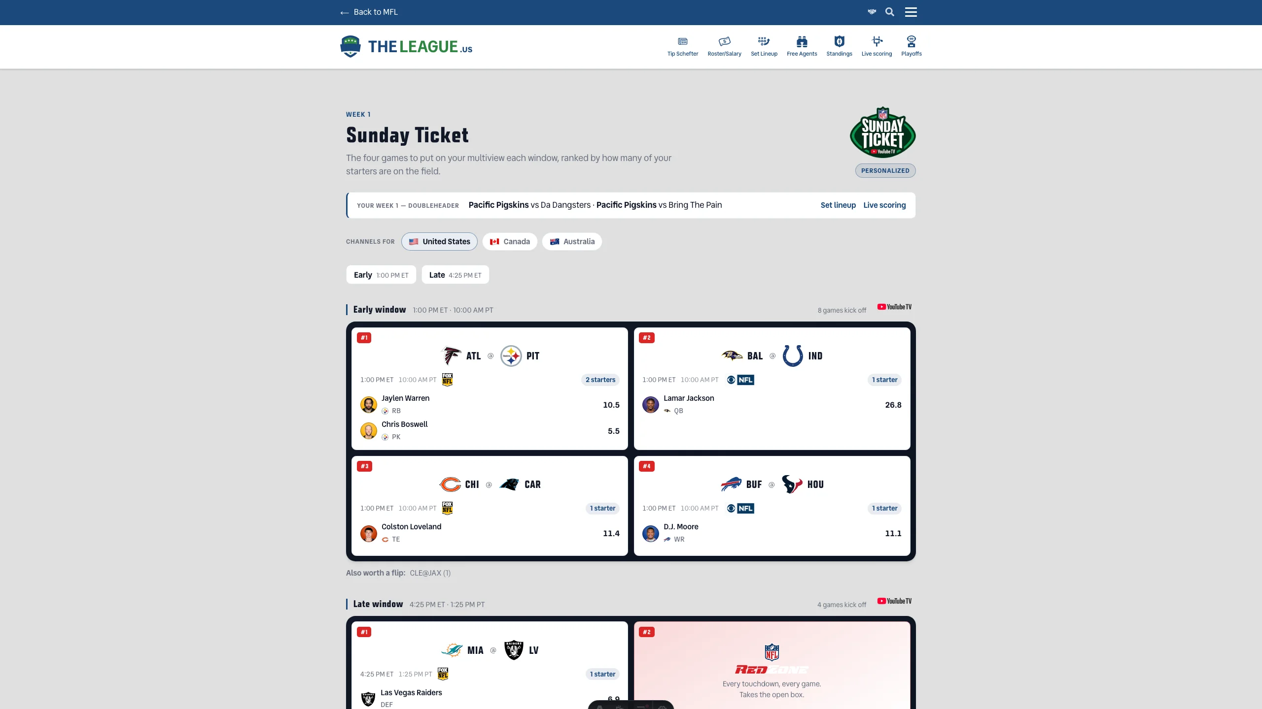 The Sunday Ticket page: a 2×2 multiview grid for the early window with four games, each listing the owner's starters, projections and the network, and a RedZone box filling the late window