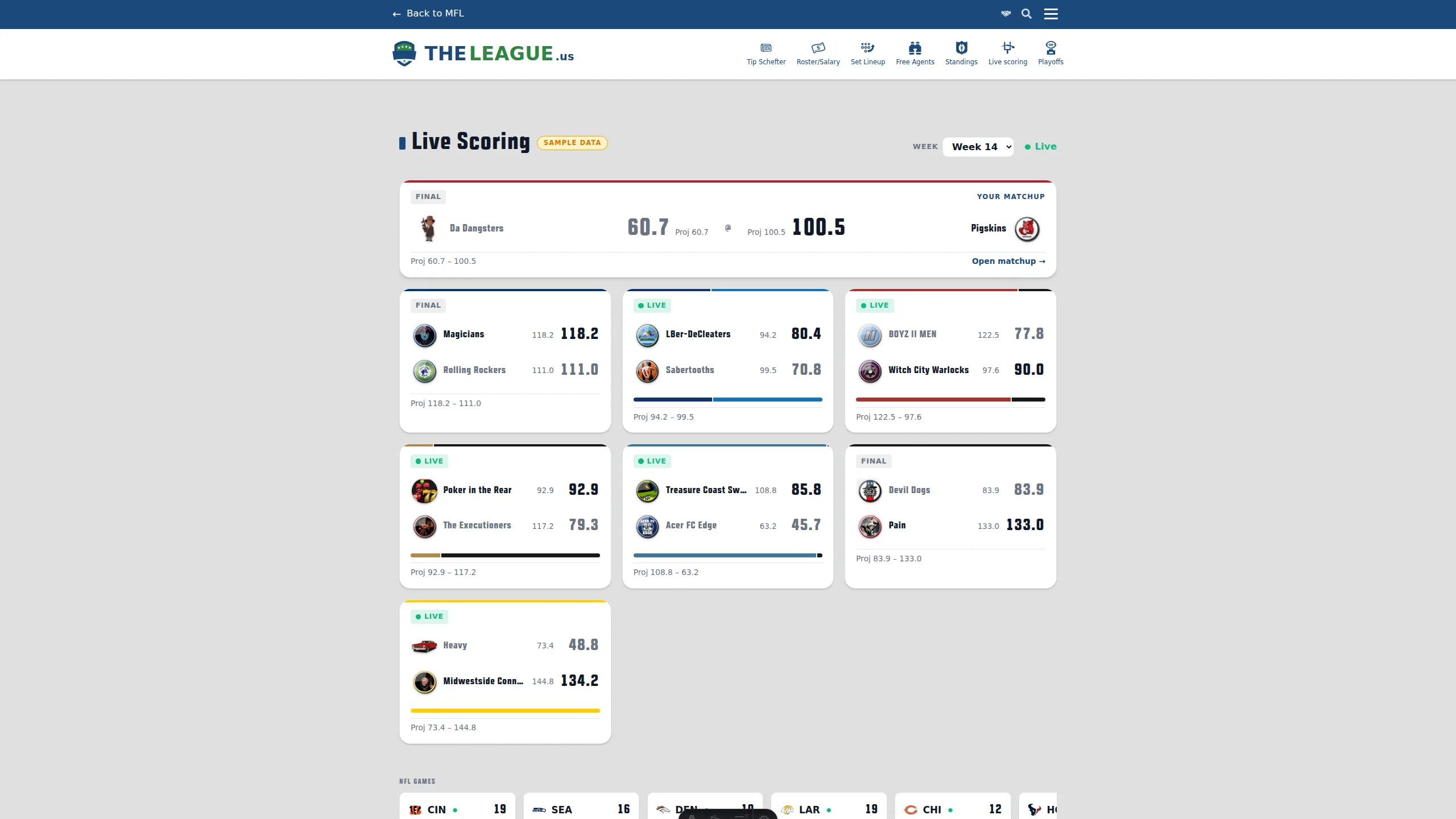 The live scoring scoreboard during Throwback Week, with matchup cards showing legacy franchise identities — old team names, logos, and banners from each franchise's history.