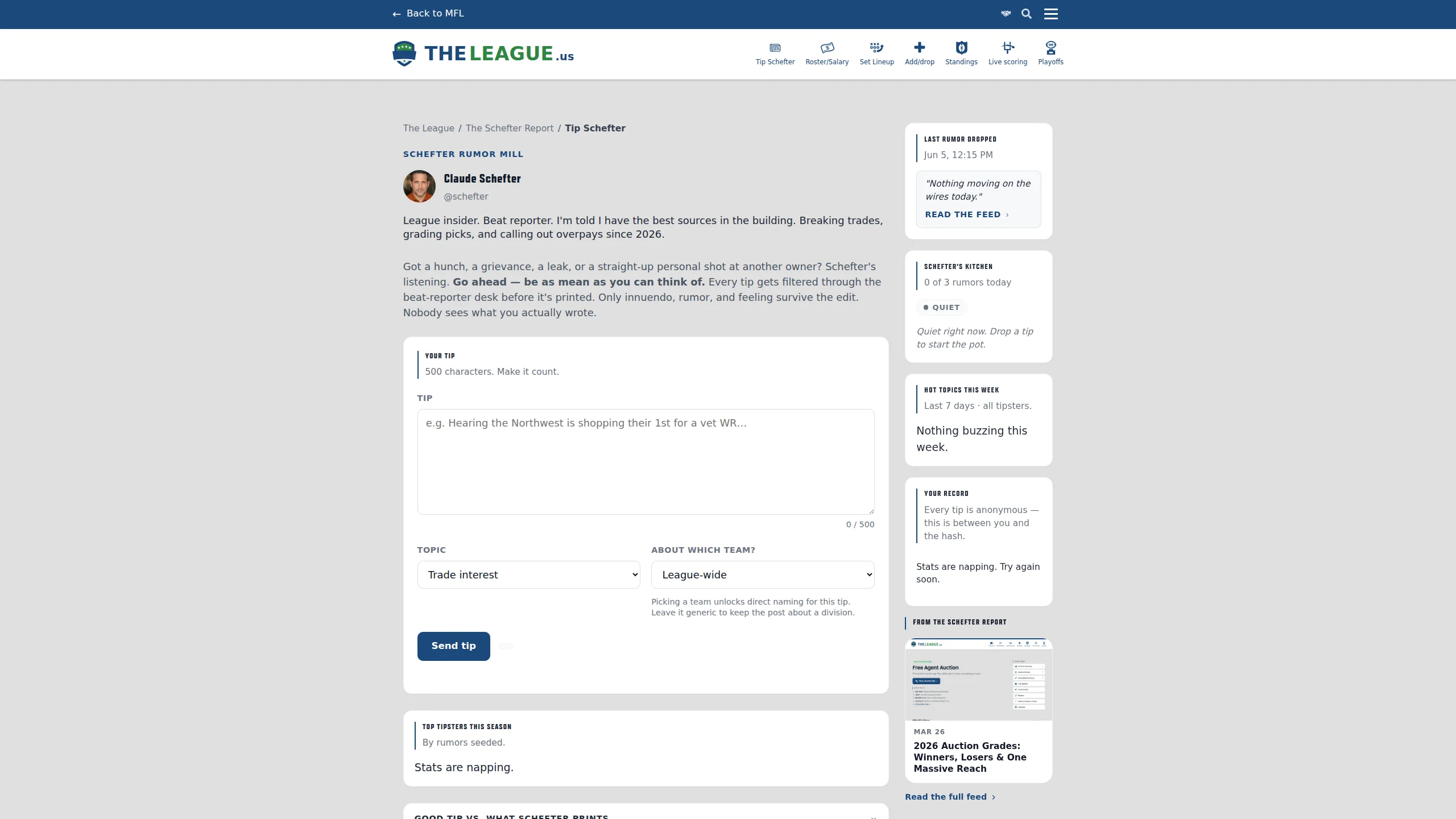 The Tip Schefter page with the new tipster scorecard, top-tipsters leaderboard, live cooker timeline, hot topics chips, and a rumor card in the feed showing the four-verdict anonymous reaction bar