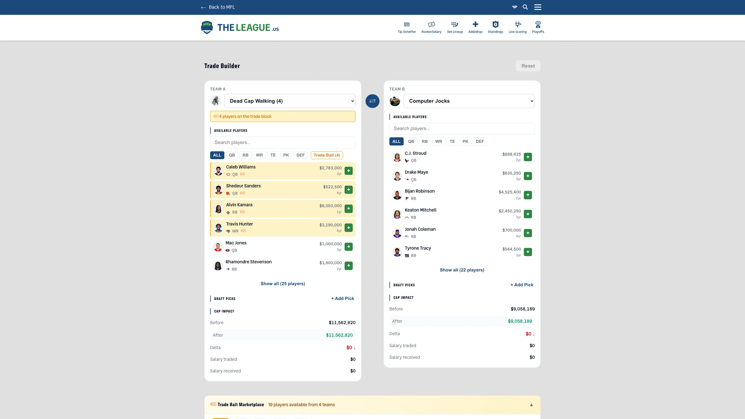 Trade Builder showing two-team player selection with salary cap impact analysis
