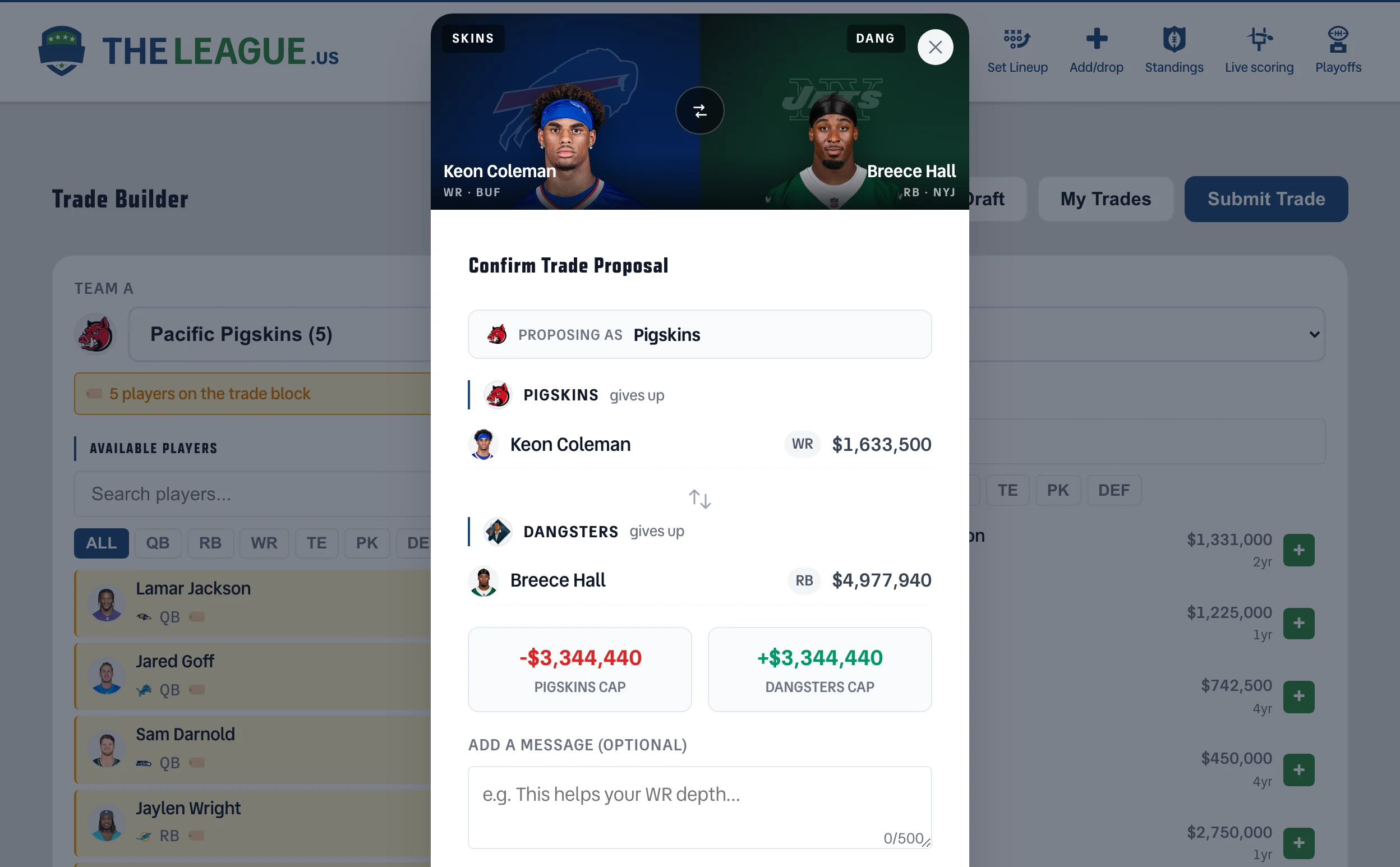 Trade confirmation modal with a split hero: Keon Coleman cut out over Bills blue and Breece Hall over Jets green, facing a center swap badge, above the Confirm Trade Proposal details.
