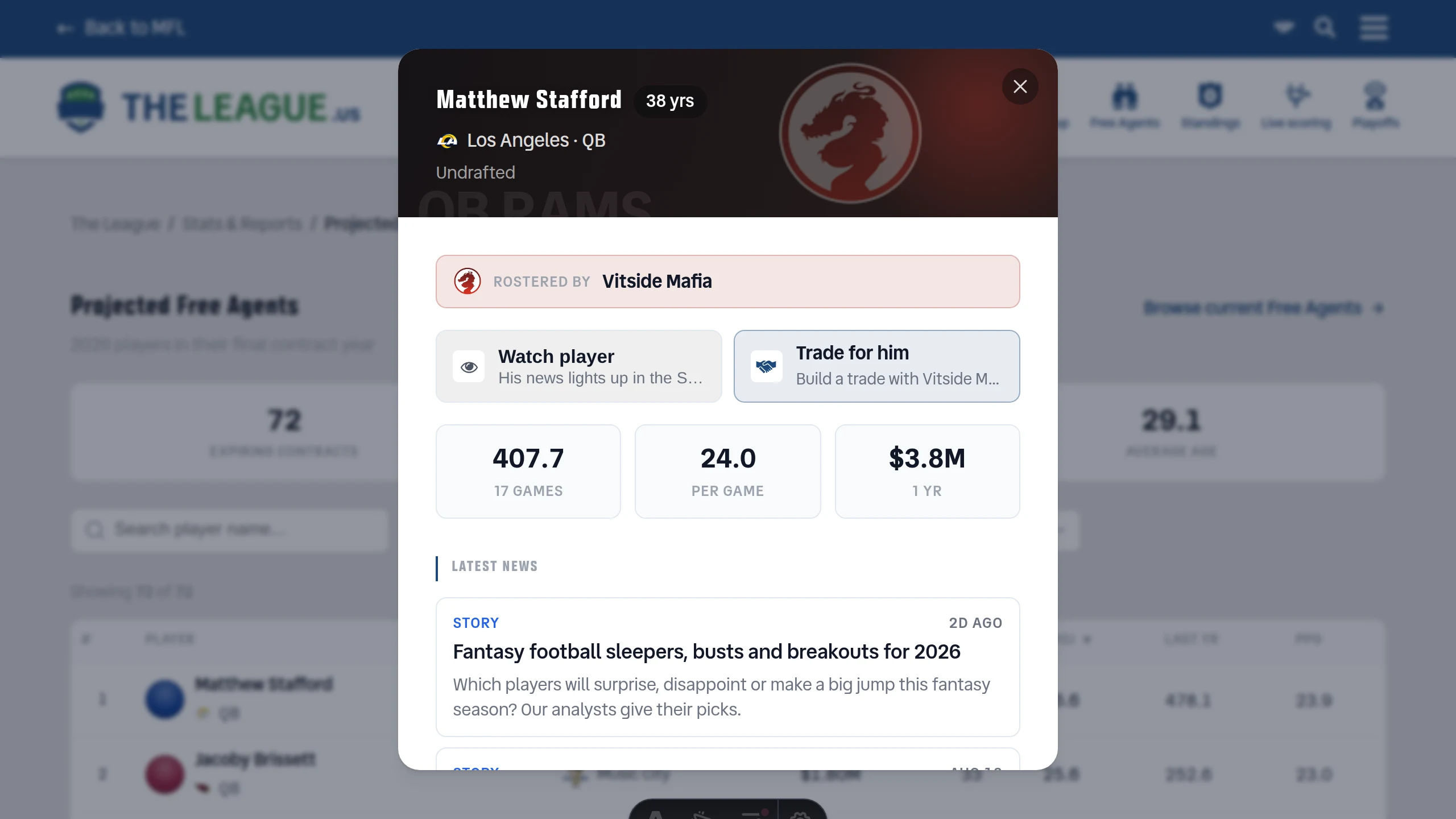 The player card for Matthew Stafford, headed "Rostered by Vitside Mafia". Below it two side-by-side action cards: "Watch player" with an eye icon, and a highlighted "Trade for him" with a handshake icon reading "Build a trade with Vitside Mafia".