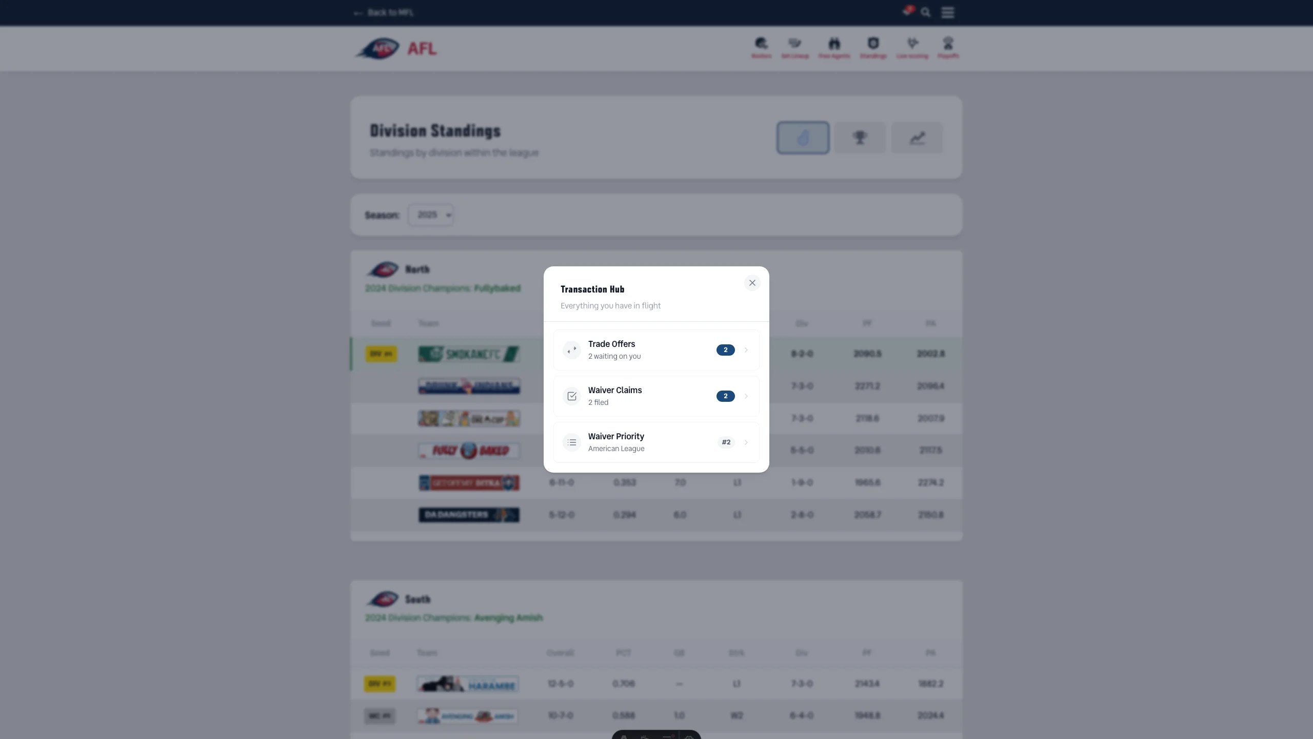 The Transaction Hub modal open over the AFL standings page, headed "Transaction Hub" and "Everything you have in flight". Three rows: Trade Offers, 2 waiting on you, badged 2; Waiver Claims, 2 filed, badged 2; and Waiver Priority, American League, chipped #2.