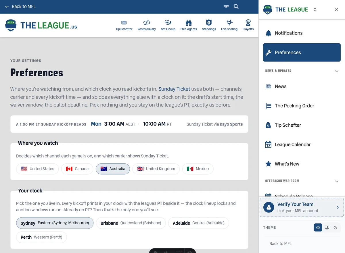 The Preferences page with Australia and Sydney selected, a preview line reading "Mon 3:00 AM AEST · 10:00 AM PT" and "Sunday Ticket via Kayo Sports", beside an open nav drawer with Preferences pinned under Notifications
