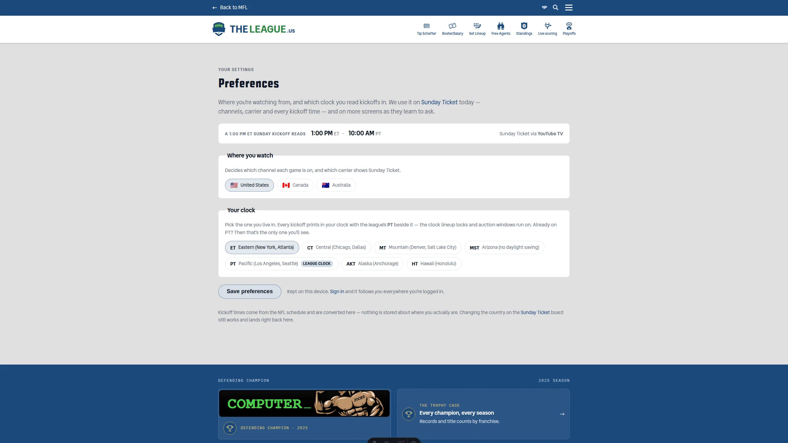 The Preferences page: the country picker with United States selected, the United States time zone list below it with Eastern chosen, and a preview reading a 1:00 PM ET Sunday kickoff as 1:00 PM ET and 10:00 AM PT