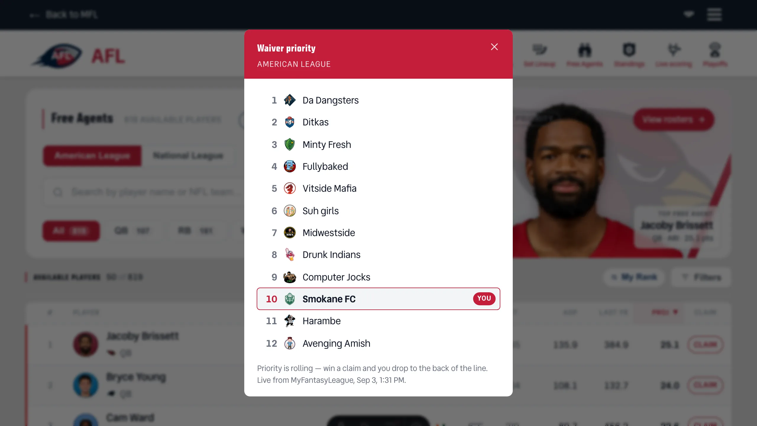 The Waiver priority modal over the AFL Free Agents page, listing the twelve American League teams in claim order with Smokane FC outlined and badged YOU at number 10
