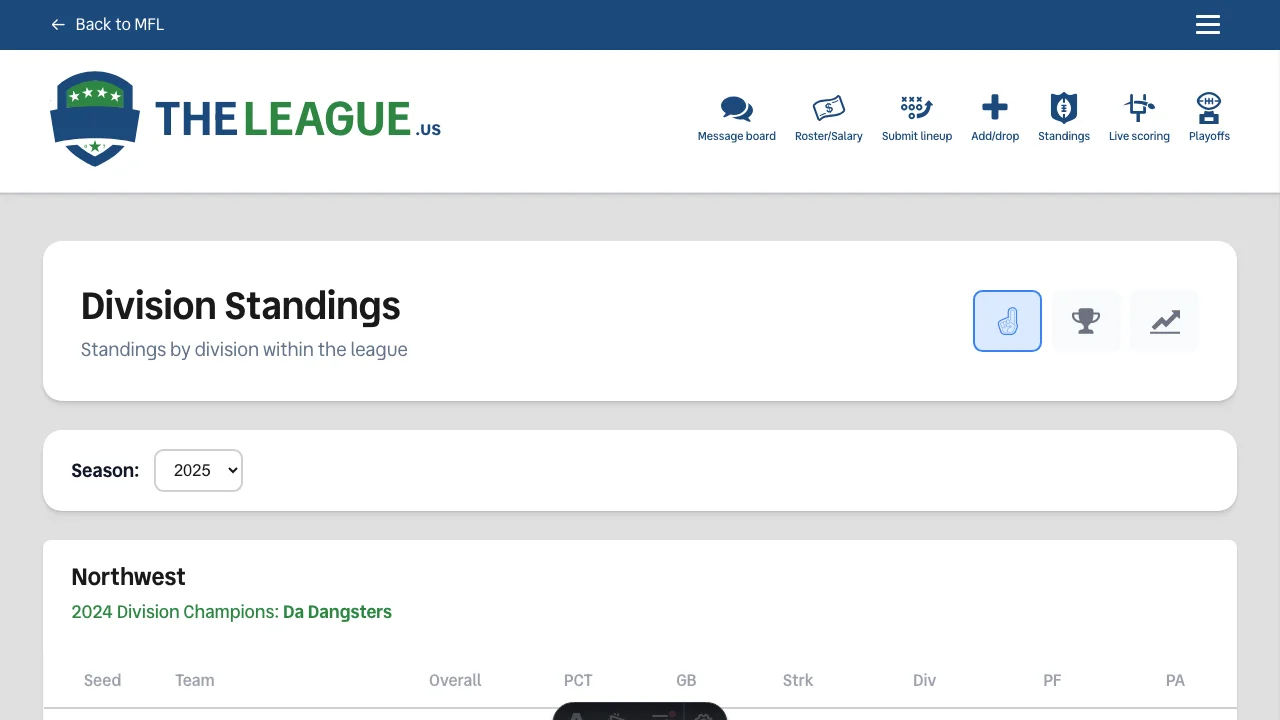 Standings page showing improved tiebreaker display, larger table fonts, and tab icon fixes