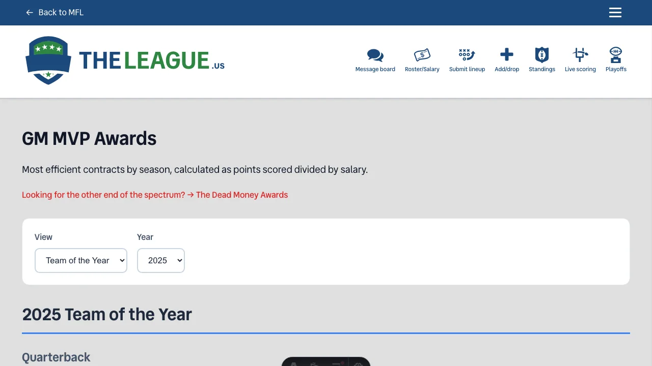 MVP tracking page showing all-time MVP data and Team of the Year standings