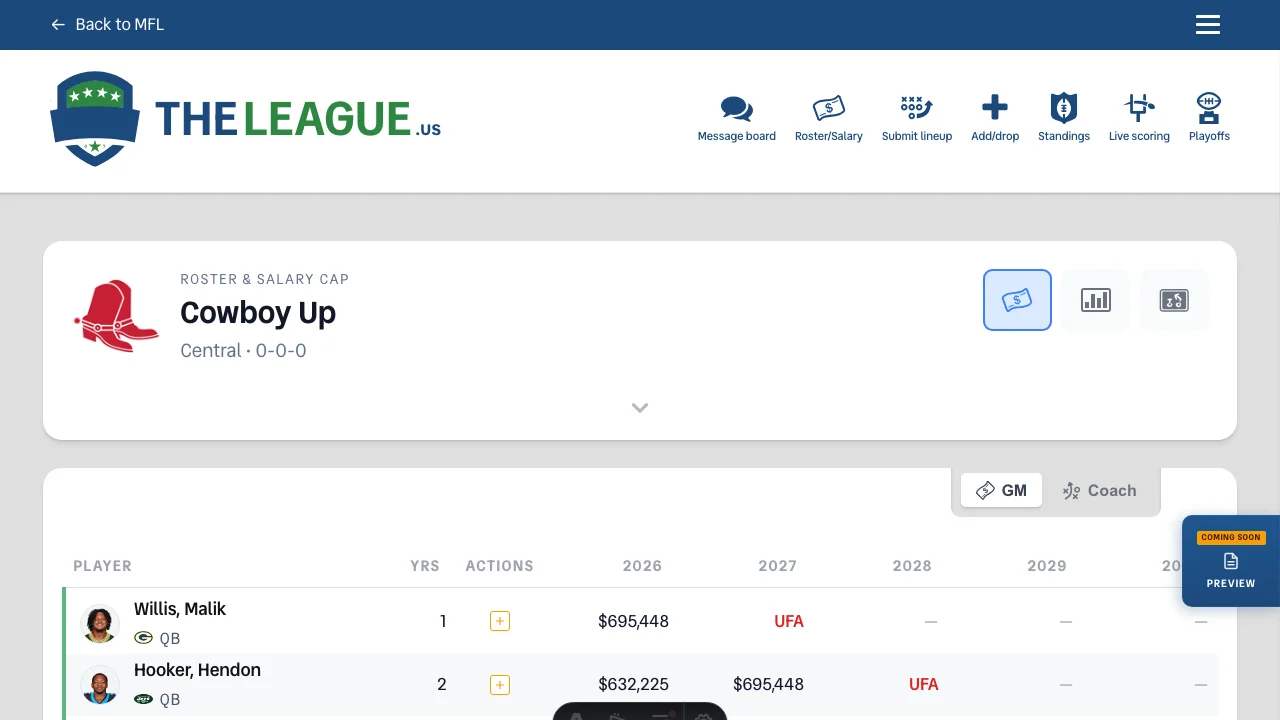 Rosters page showing polished navigation drawer, updated box shadows, and alternating row backgrounds