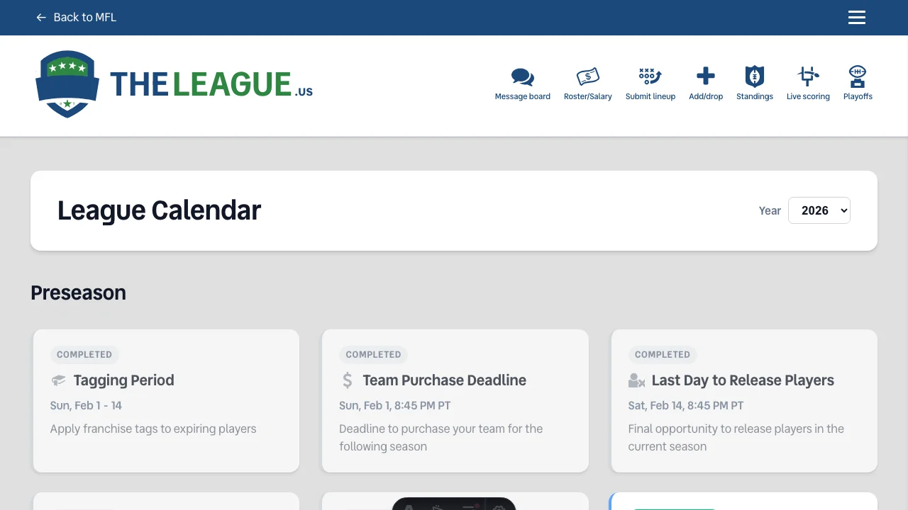 League calendar showing NFL logo icons, corrected dates, and color-coded event categories