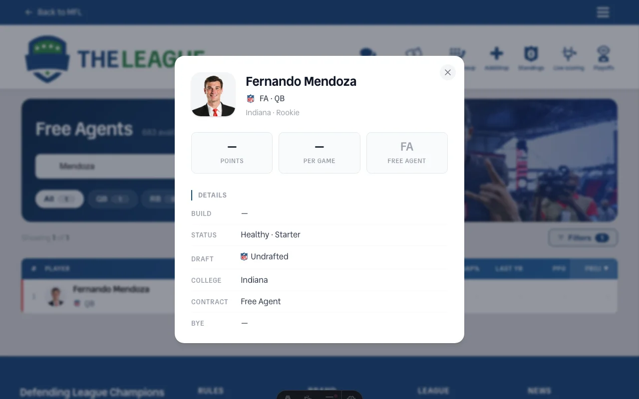 Fernando Mendoza's player details modal showing his Indiana college headshot loaded via the new college headshot fallback