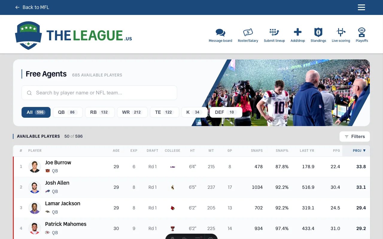 Free Agents page showing broadcast-style diagonal player photo, editorial table headers, and position filter tabs